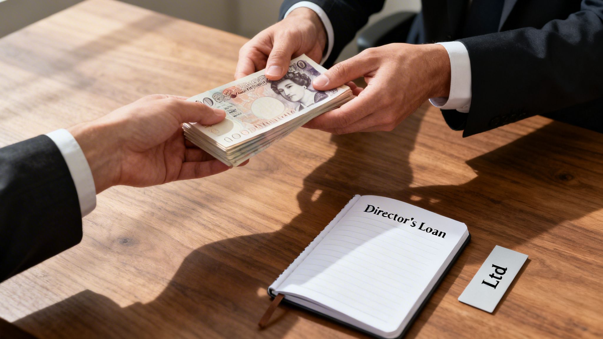 Two individuals exchanging a large stack of British pound banknotes, symbolizing a director's loan for an Ltd company.