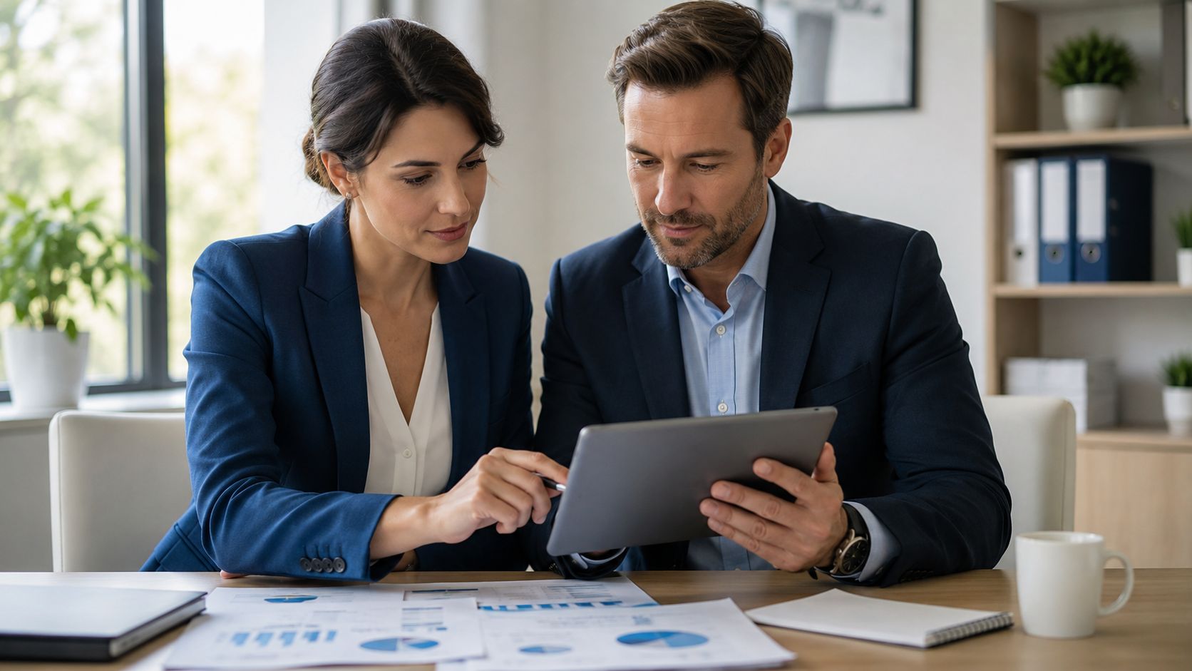 A professional man and woman in business attire reviewing financial data on a tablet in an office.