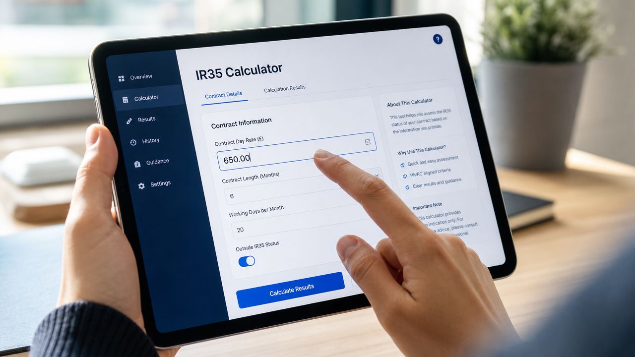 A person using an IR35 calculator on a tablet to determine their contract employment tax status.