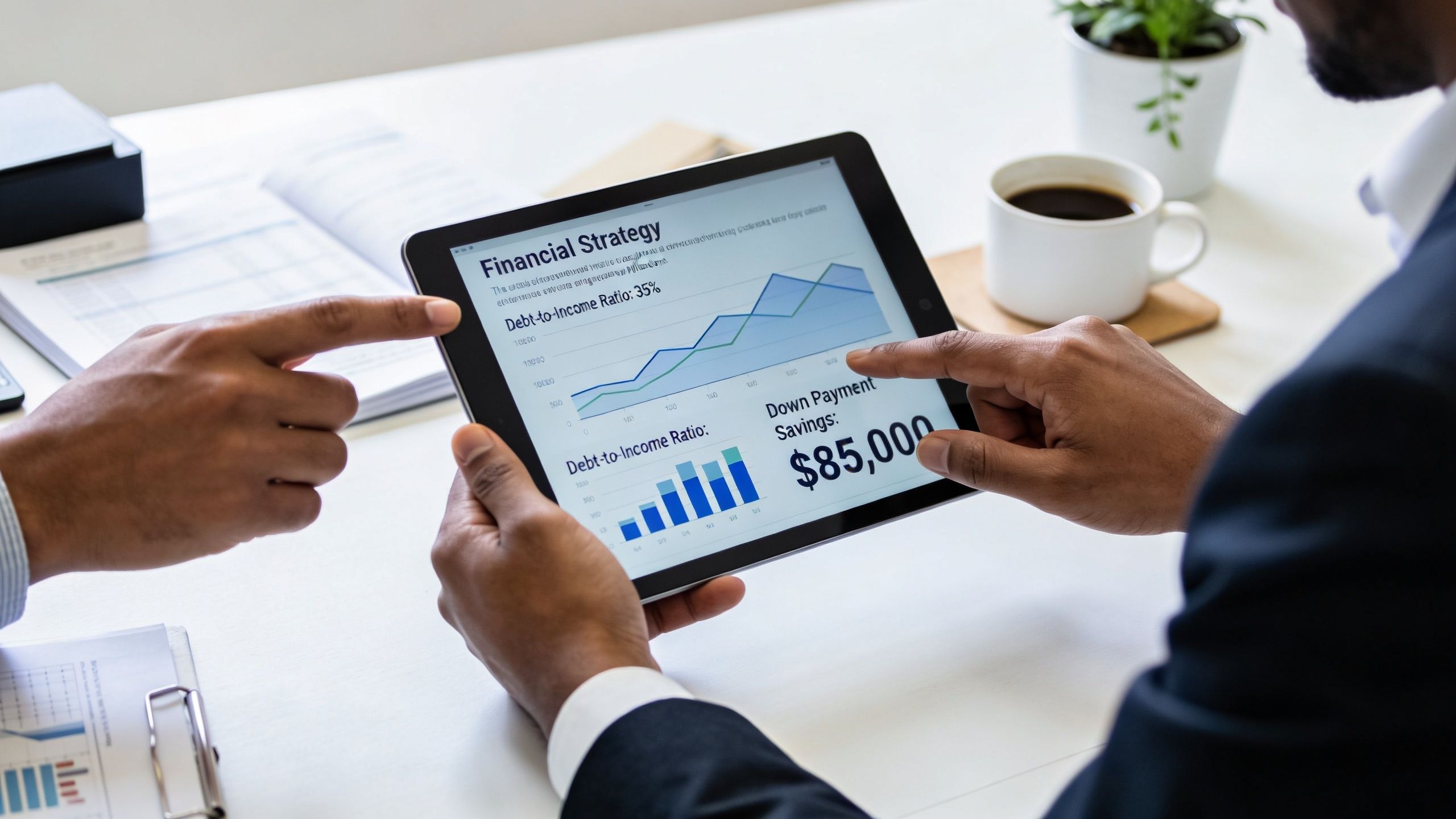 A financial advisor reviewing mortgage down payment savings and debt-to-income ratios on a digital tablet with a client.