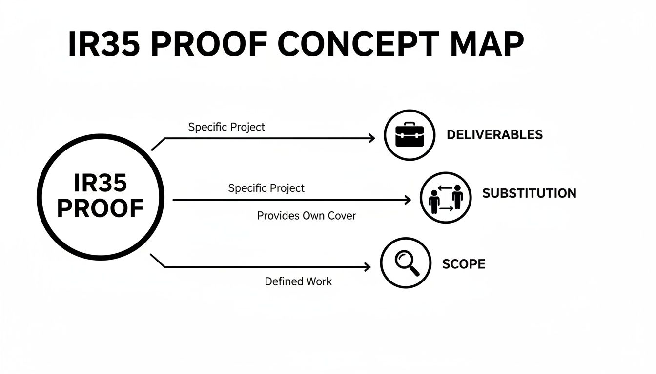 A concept map illustrating IR35 Proof, linking to deliverables, substitution, and scope with specific conditions.