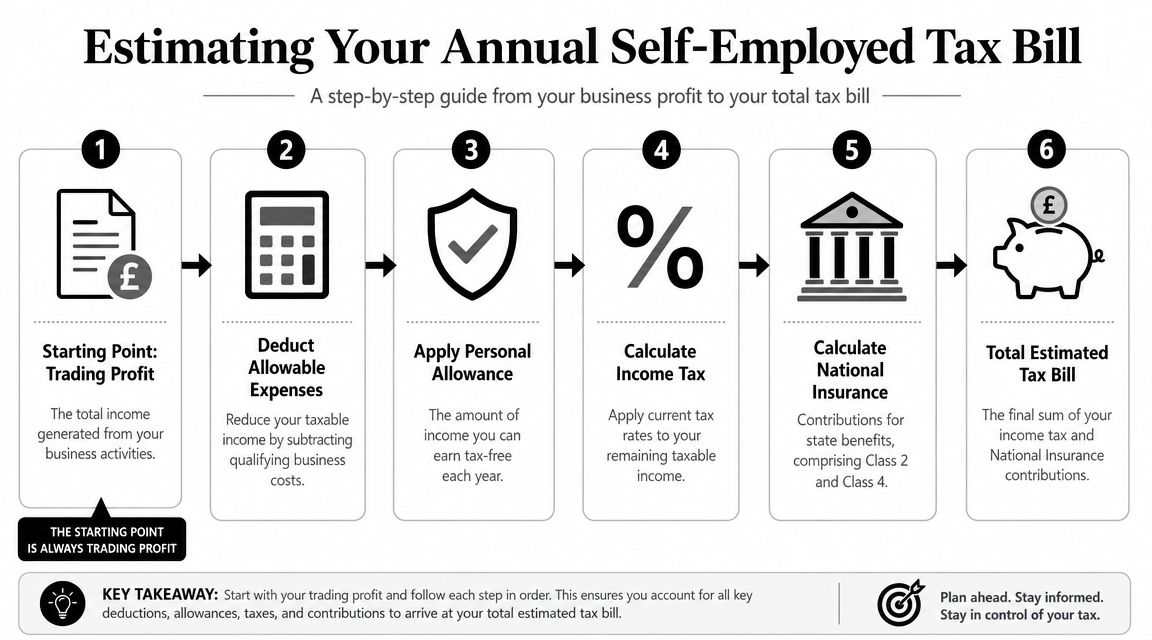 A six-step infographic guide illustrating the process of calculating a self-employed individual's annual tax bill.