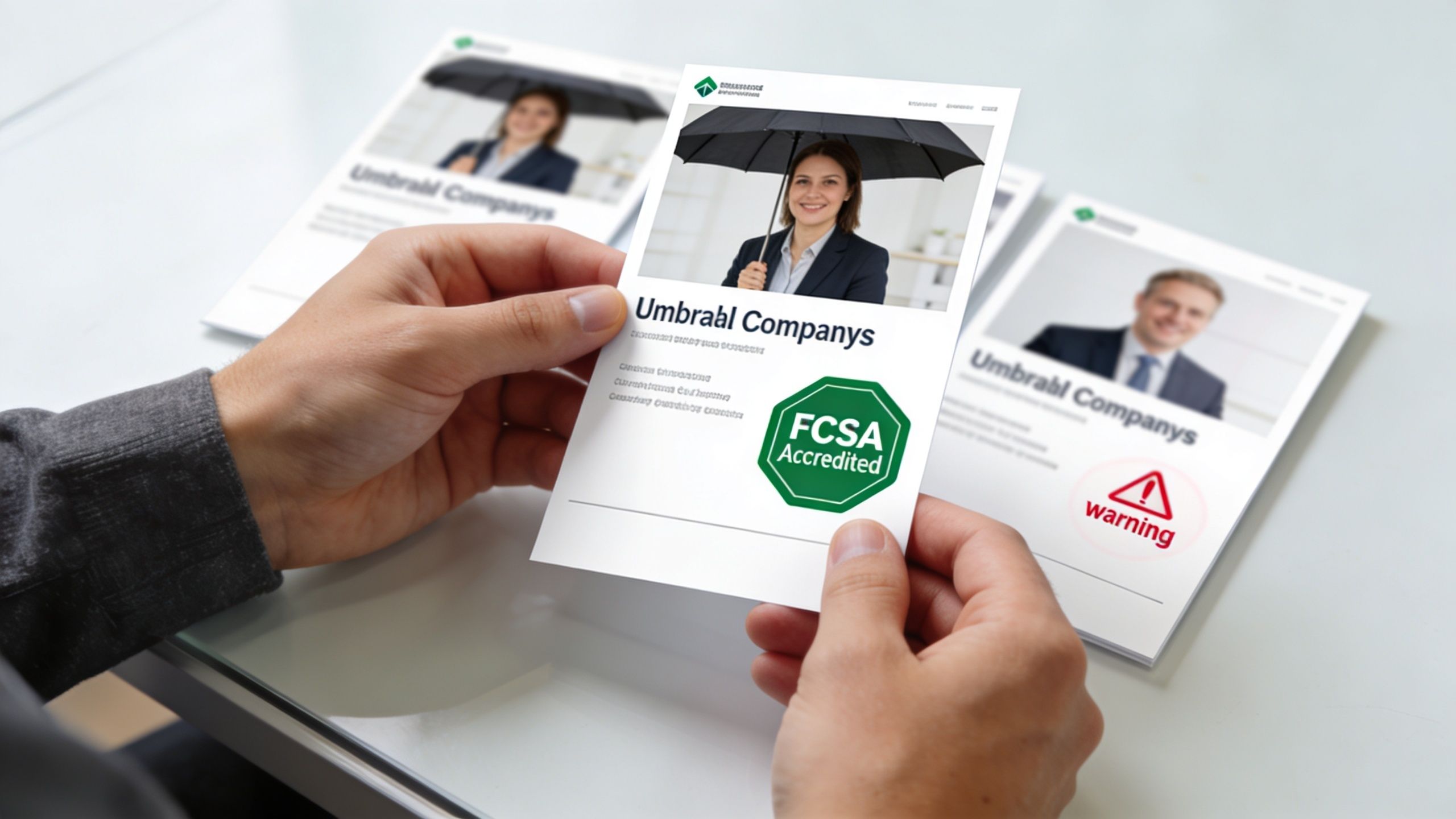 A person holding a document with an FCSA accredited umbrella company logo on a professional office table.