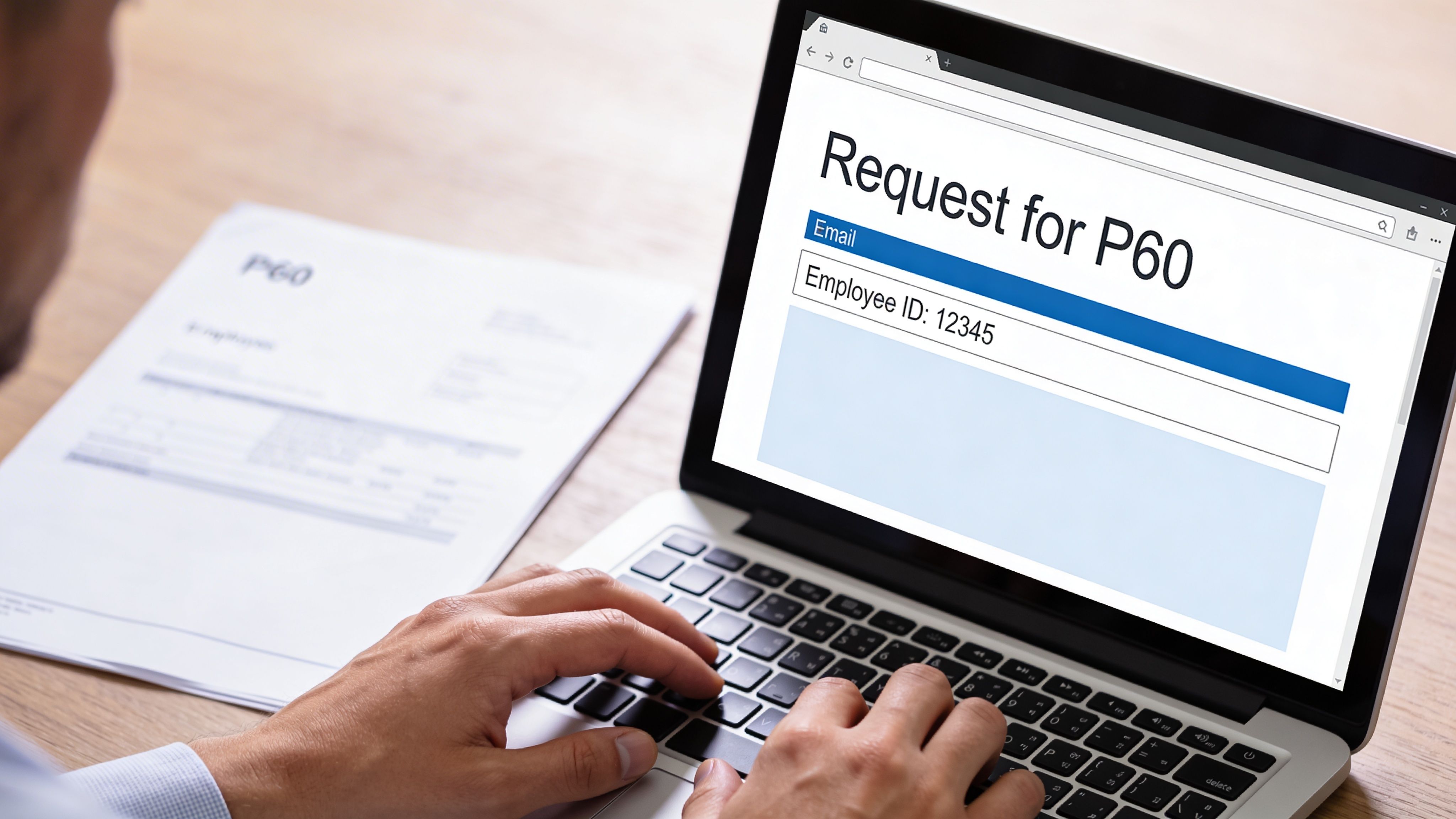 A person sitting at a desk typing on a laptop to request a P60 form online.