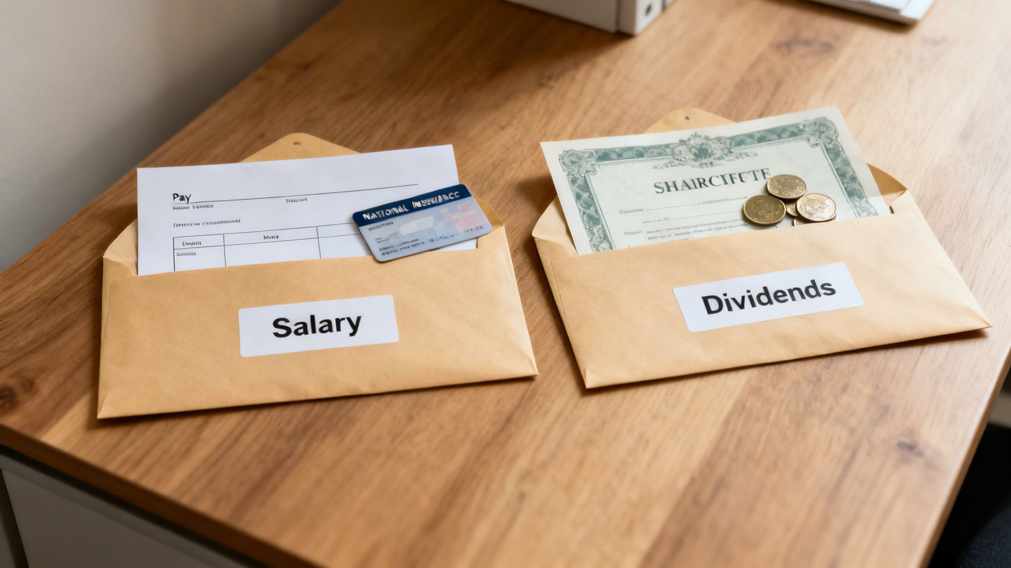 Two envelopes on a desk, labeled 'Salary' and 'Dividends', containing financial documents and coins.