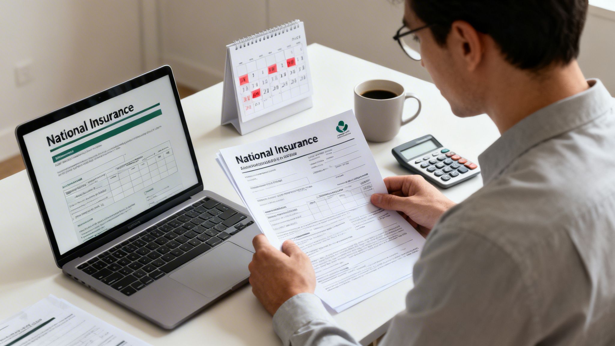 A person studying National Insurance paperwork and digital forms on a laptop at a white desk.