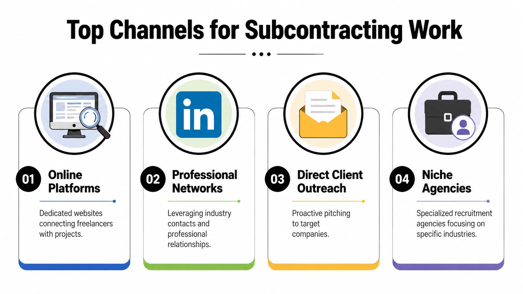 A diagram illustrating four primary channels for finding subcontracting work, including online platforms, professional networks, direct outreach, and agencies.