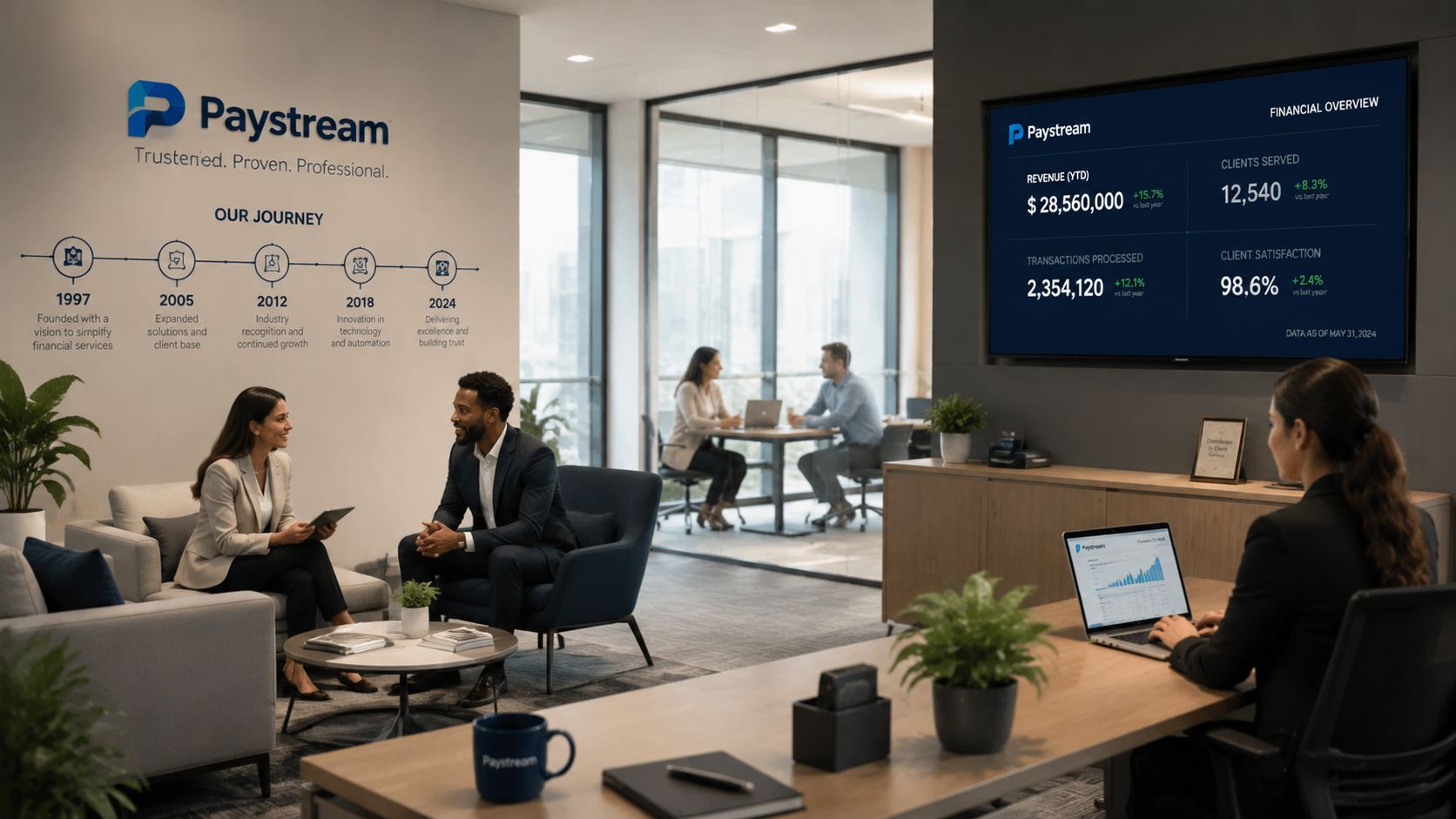 Professionals discussing business in a modern office featuring a large Paystream digital dashboard display.