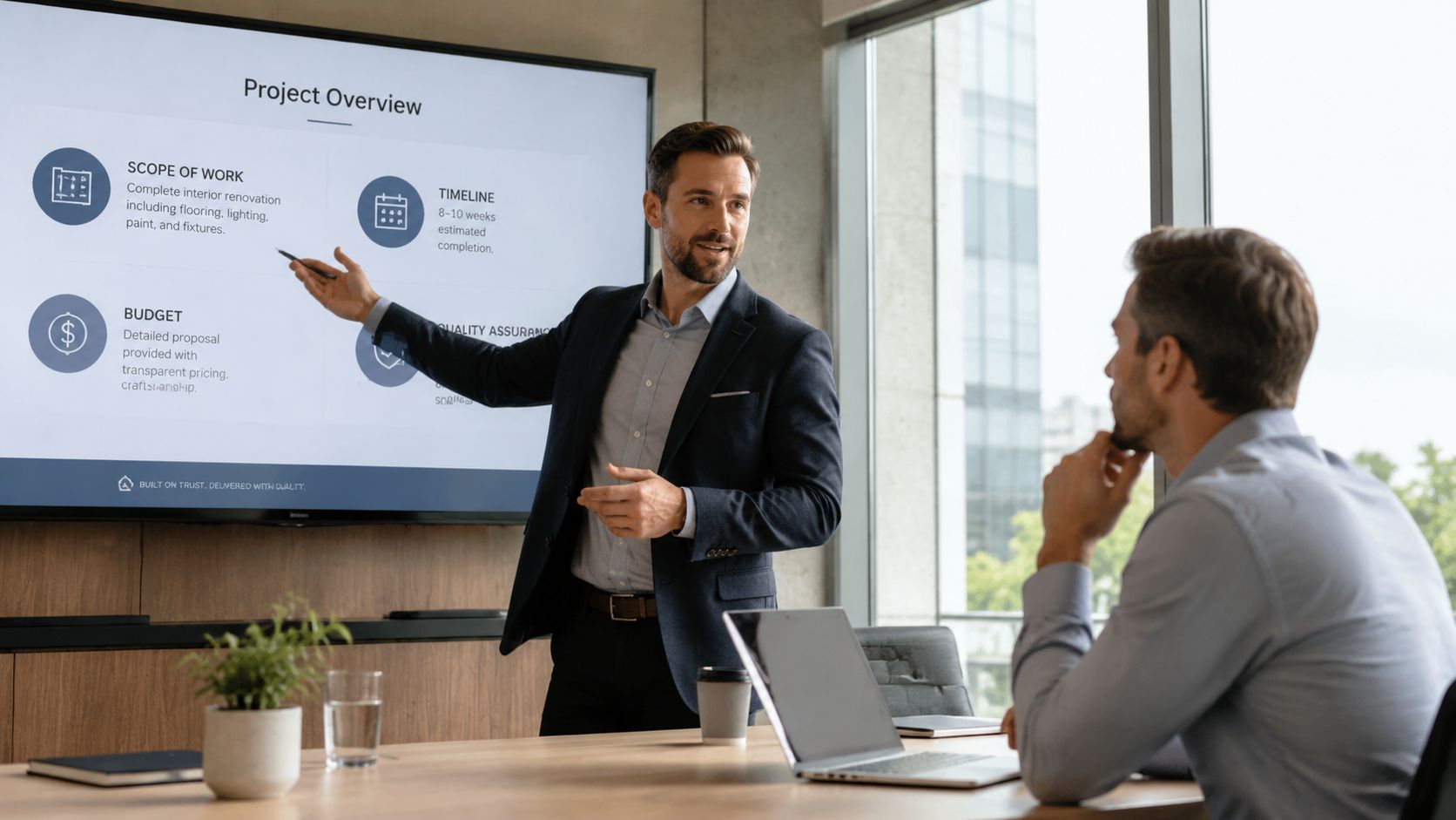 A professional businessman presenting project details to a colleague in a modern office meeting room.