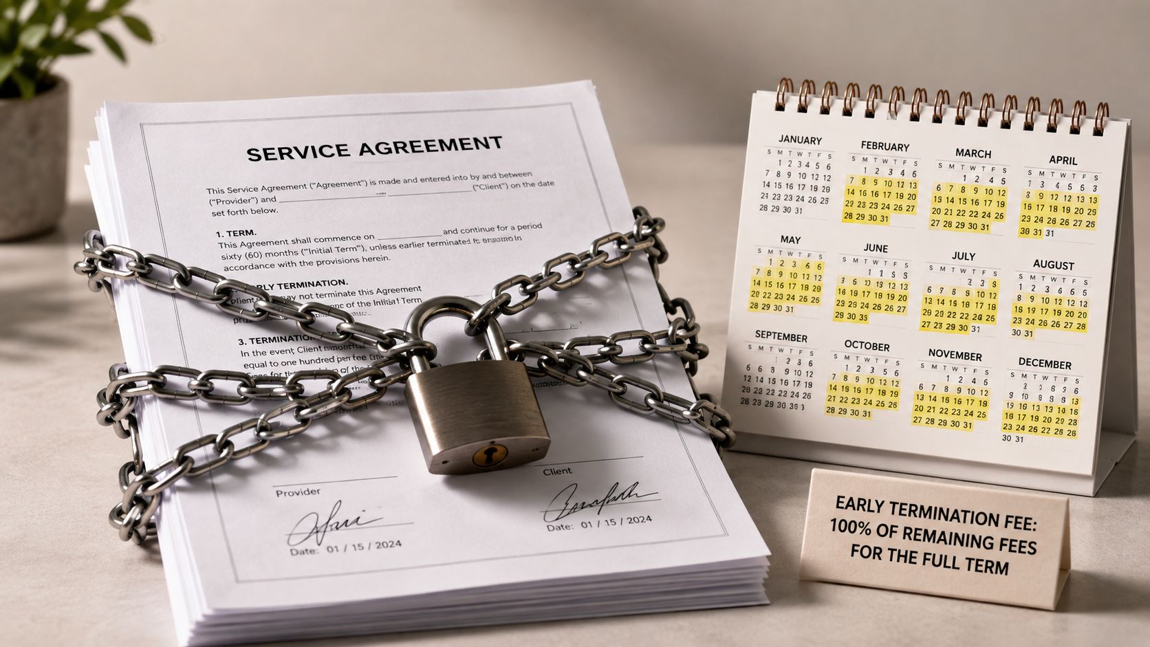 A service agreement document bound by chains and a padlock next to a calendar and fee sign.