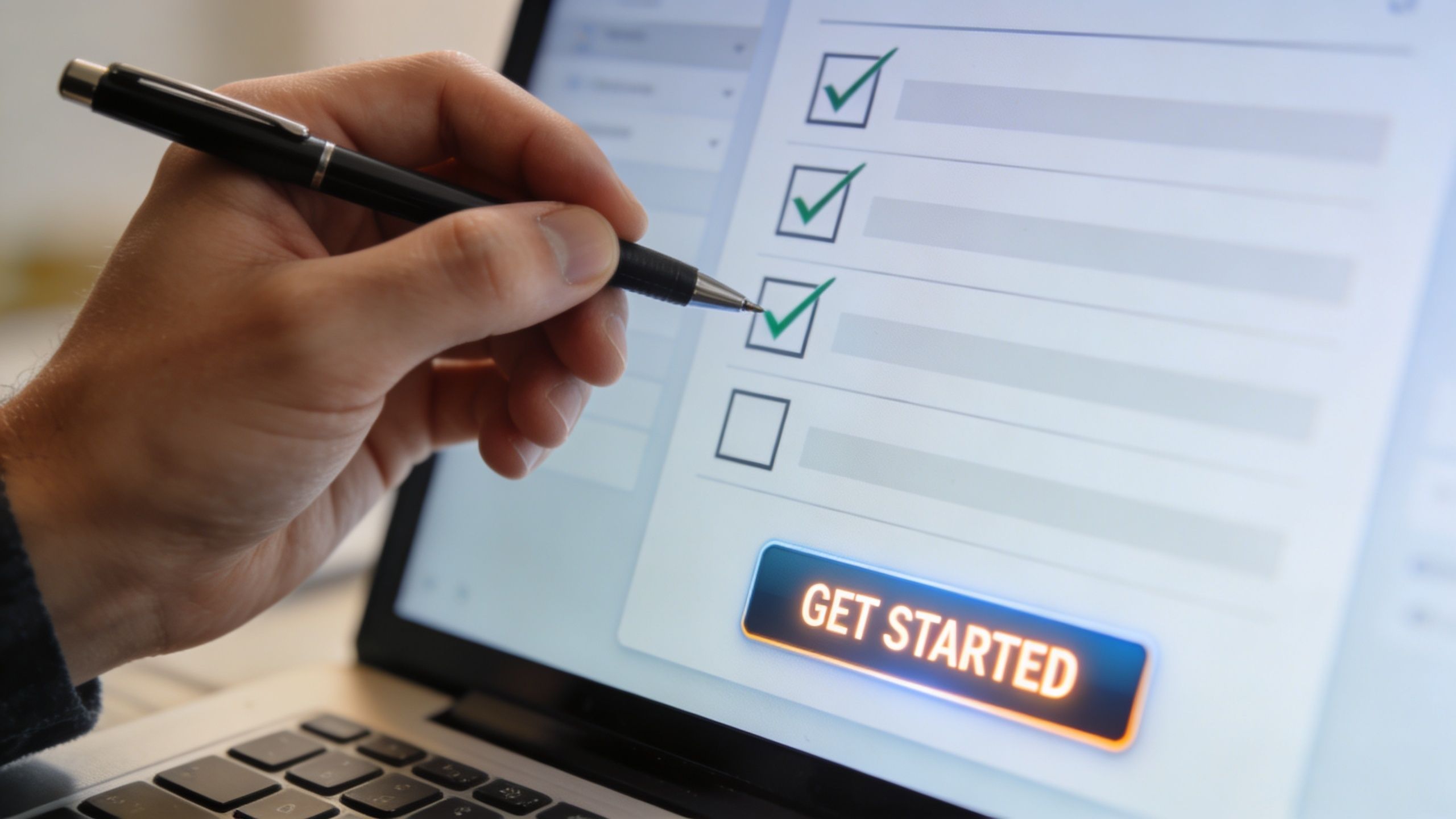 A person using a pen to select a checkbox on a digital laptop screen interface.