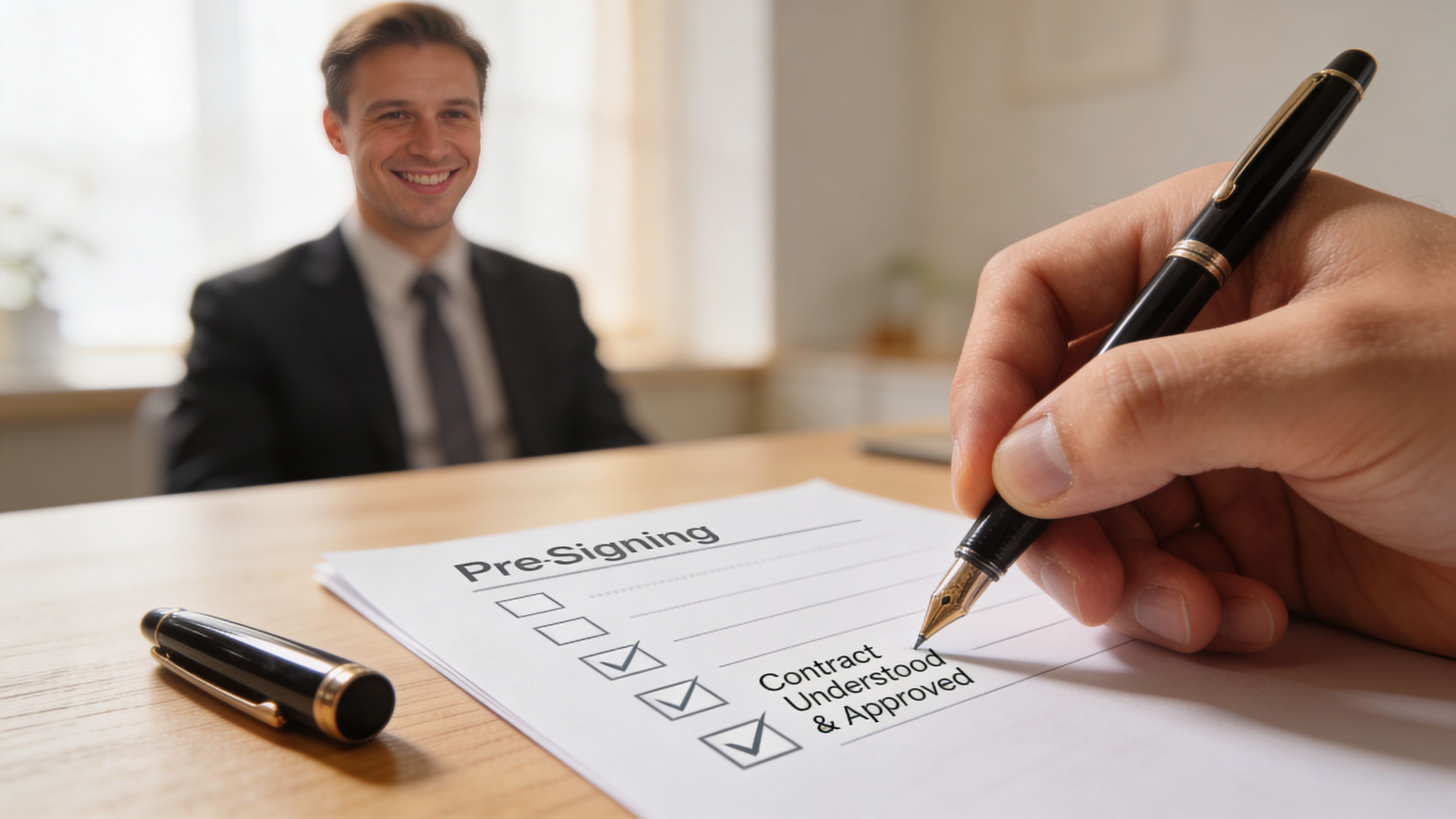 A businessman smiles while someone signs a pre-signing contract document on a wooden office desk.