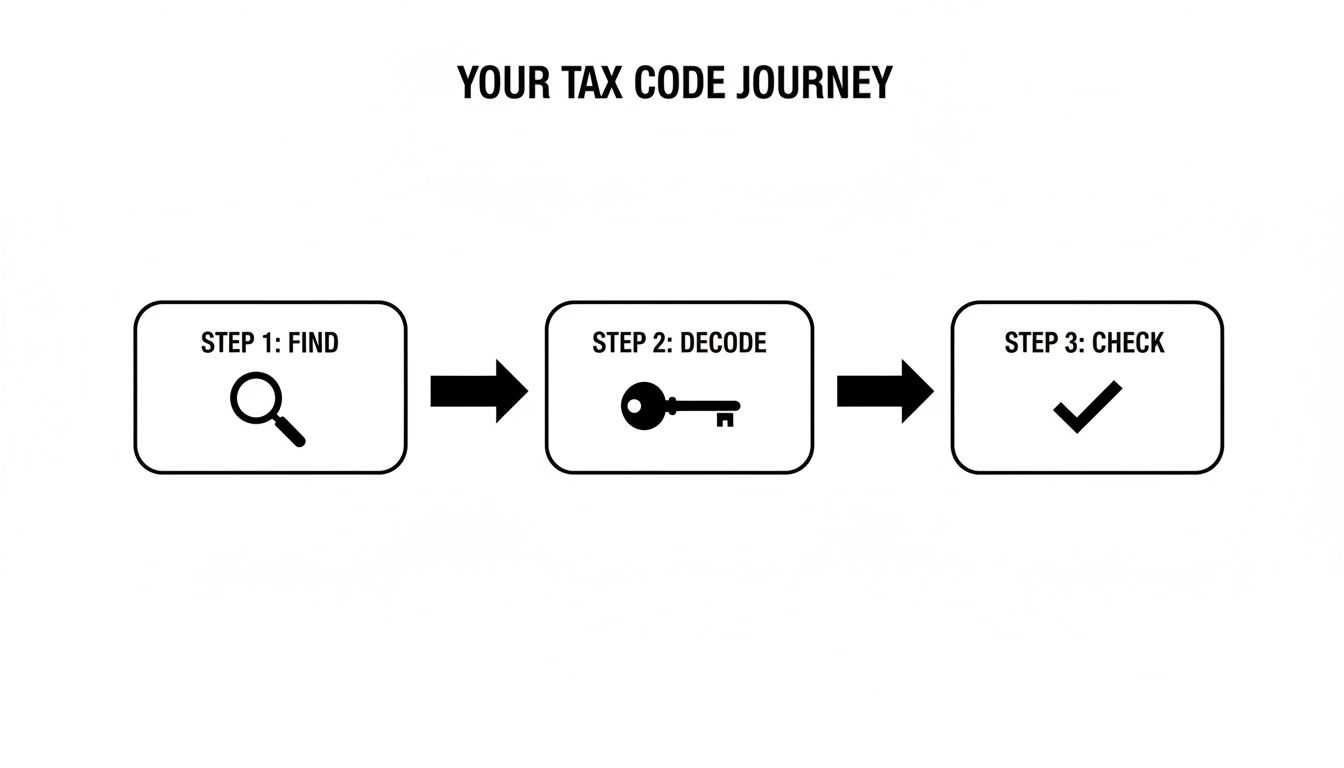 Flowchart showing three steps of a tax code journey: Find, Decode, and Check.