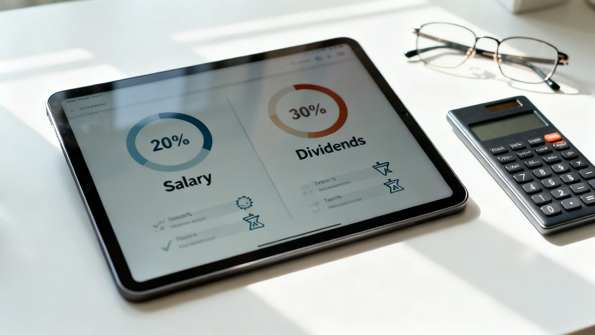 A tablet displays a financial report showing 20% salary and 30% dividends, with a calculator and glasses.