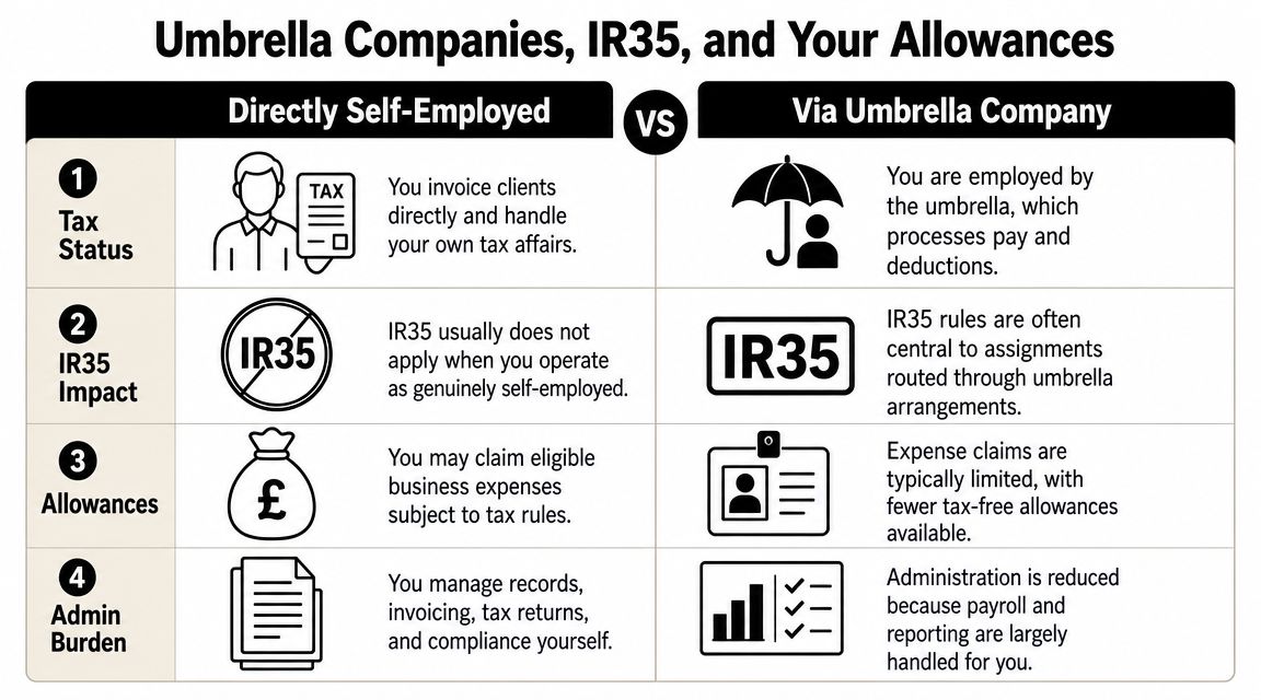 A comparison chart outlining differences between being directly self-employed and working through an umbrella company.