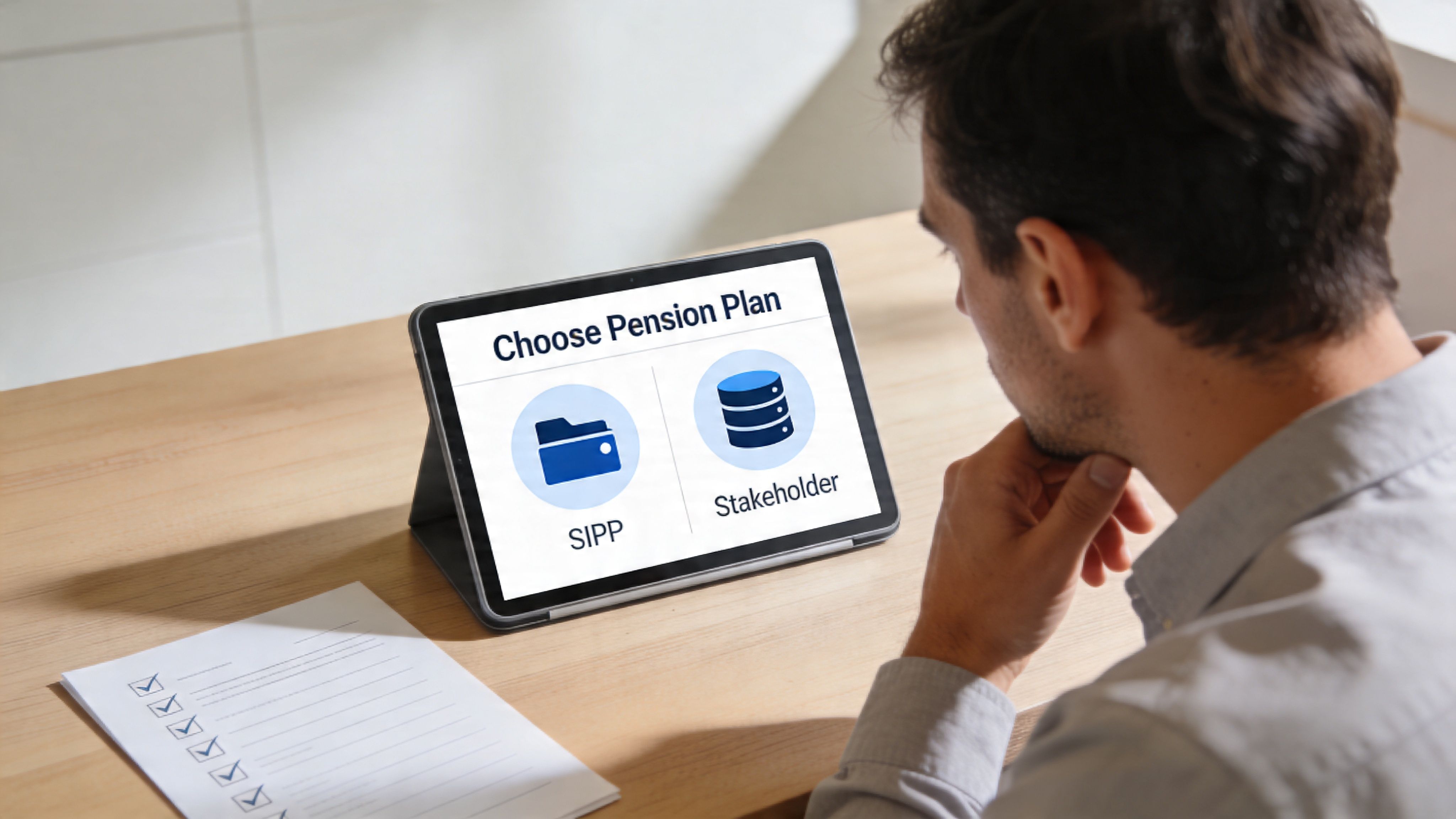 A man looks thoughtfully at a tablet screen displaying options for choosing a pension plan.