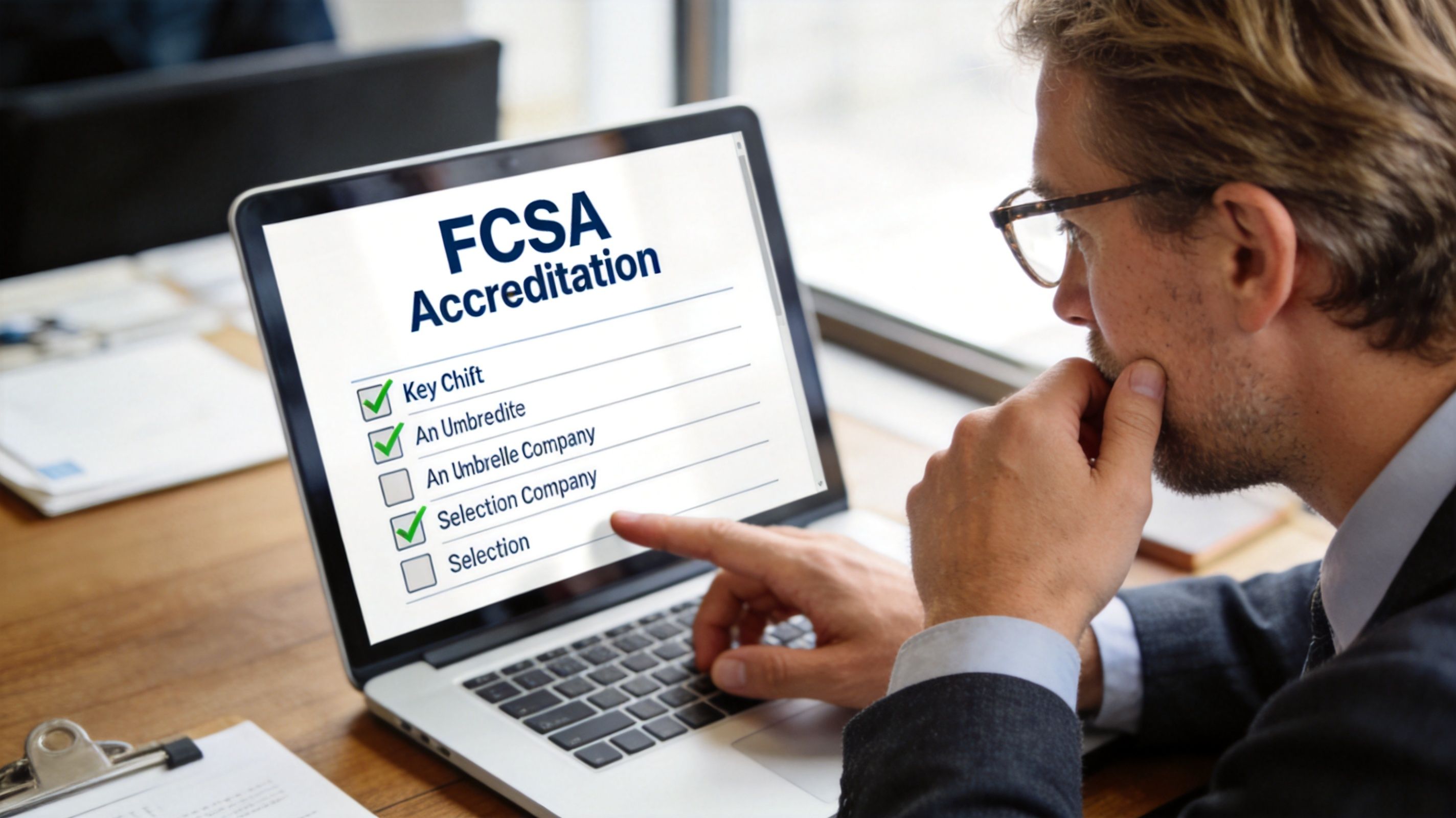 A professional man at a desk pointing at an FCSA Accreditation checklist displayed on a laptop screen.