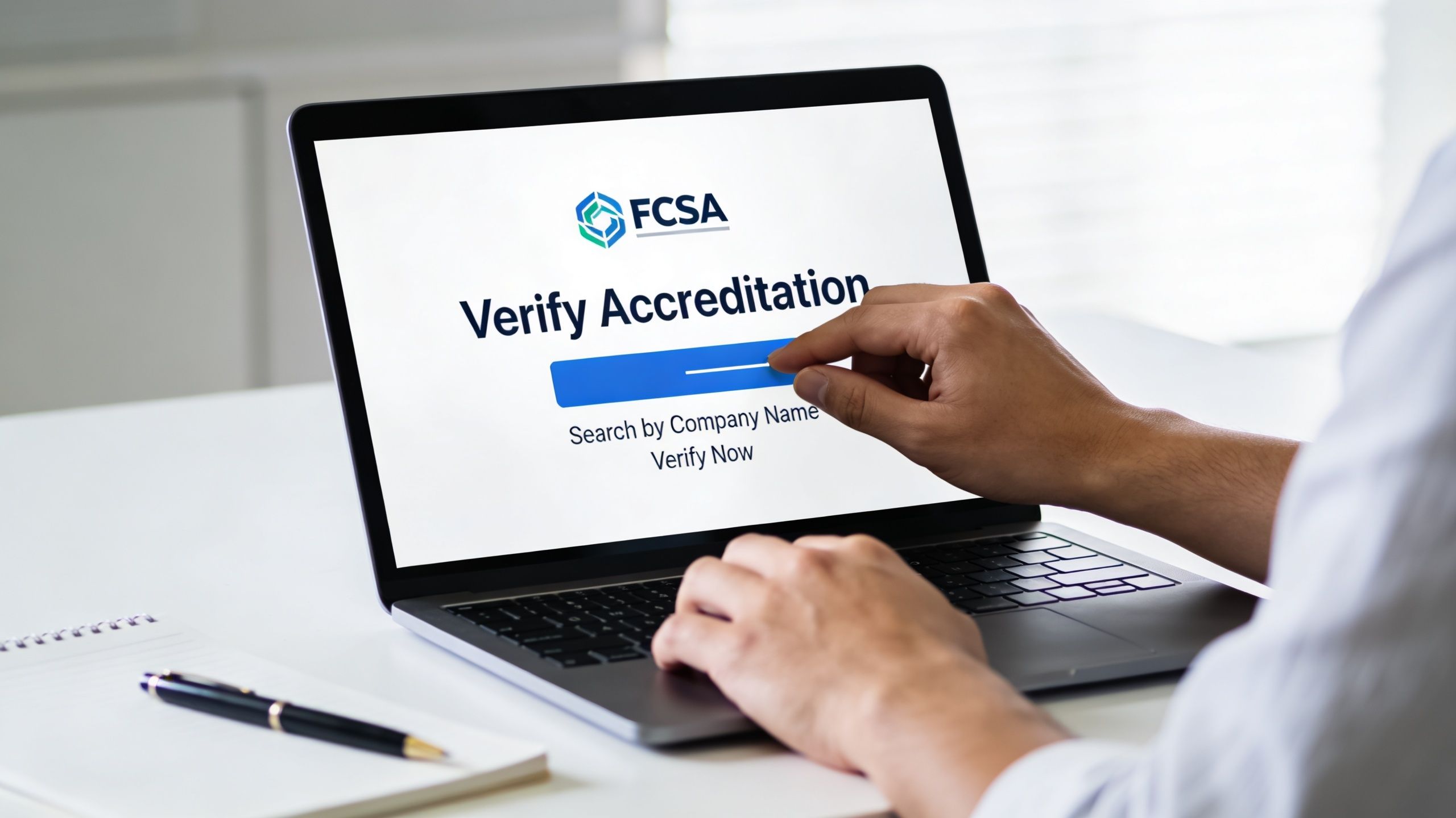 A person using a laptop to verify professional accreditation on the FCSA official website interface.