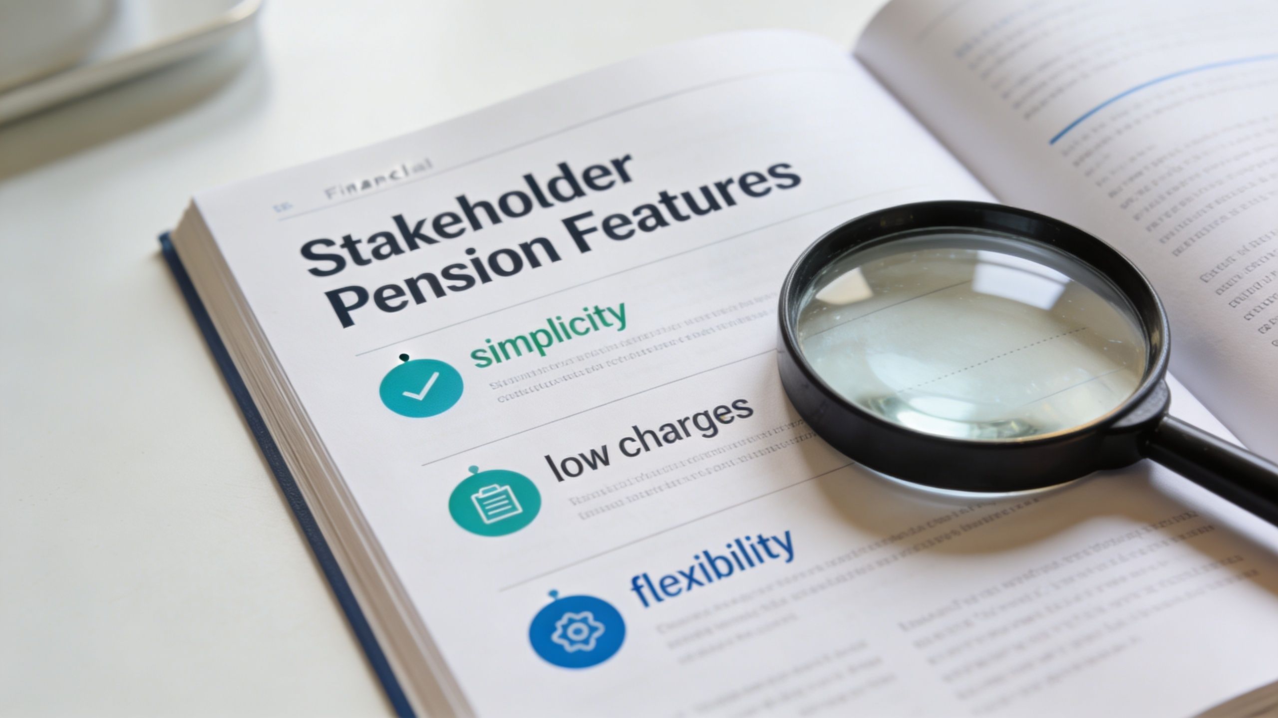 A magnifying glass resting on an open book detailing the key features of stakeholder pensions.