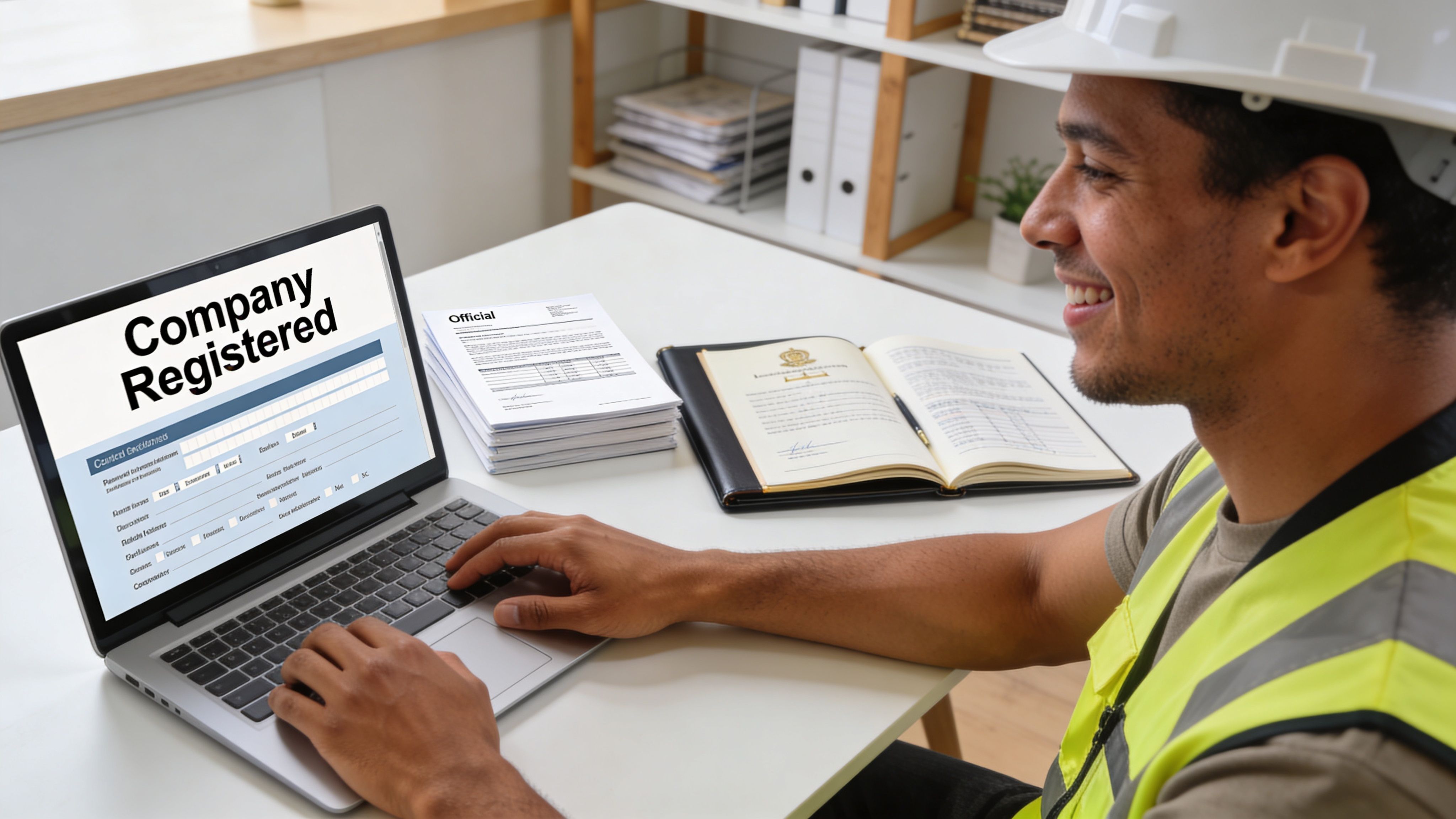 A construction worker in a hard hat and safety vest registering a company online on a laptop.