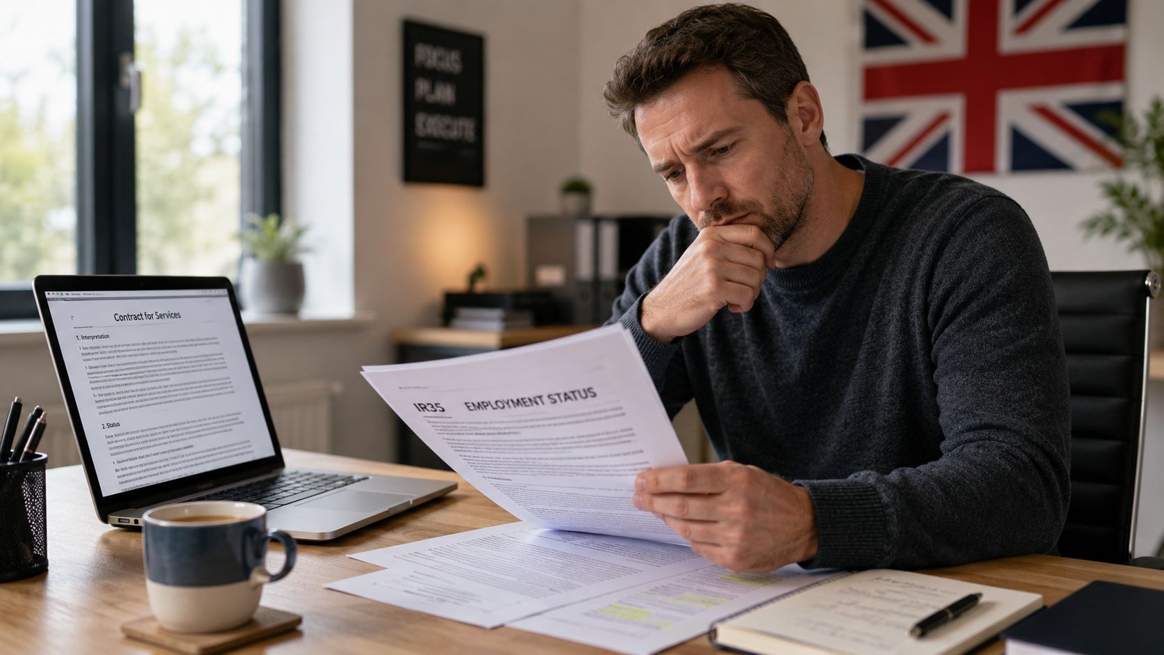 A concerned professional reading an IR35 employment status document at a wooden office desk.