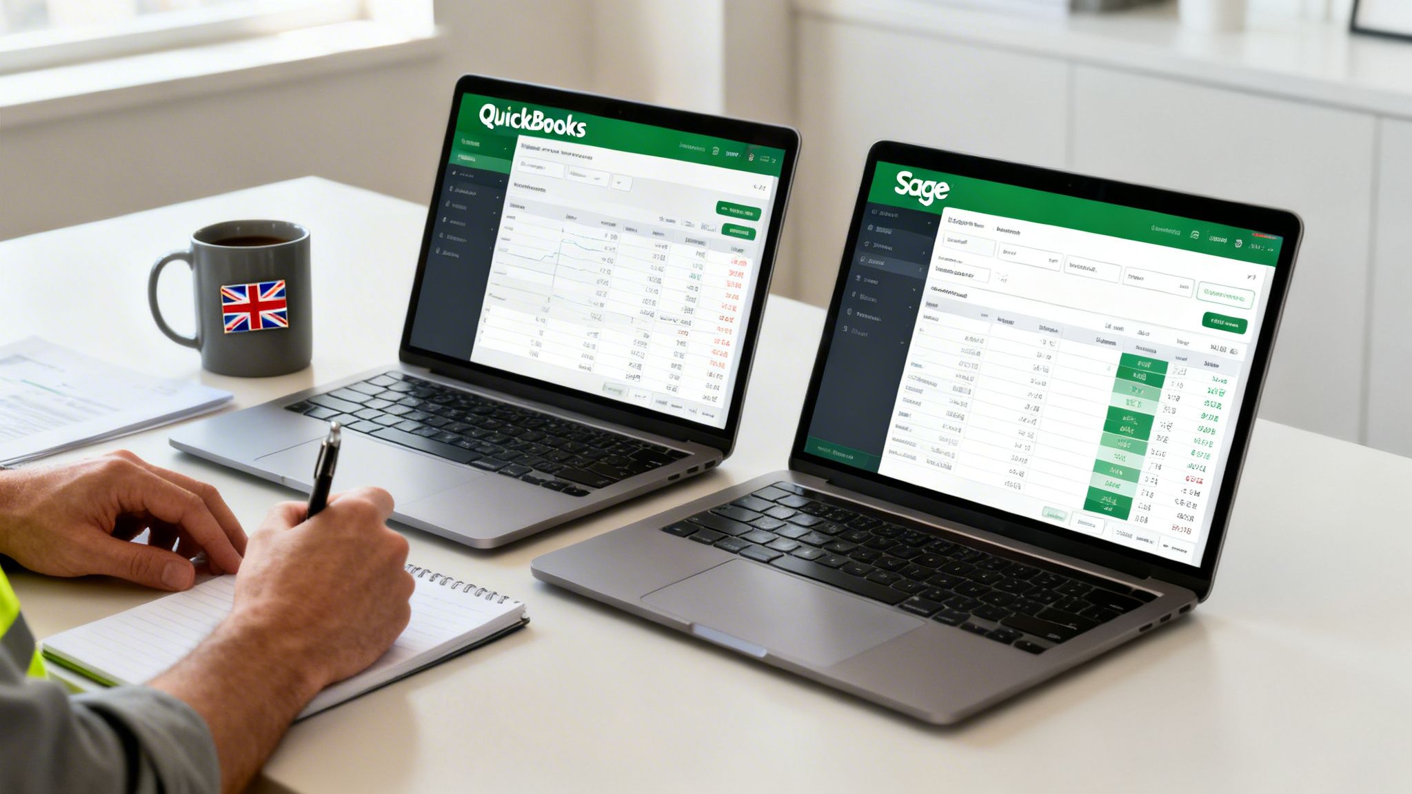 Two laptops on a desk displaying QuickBooks and Sage accounting software, with a person taking notes.