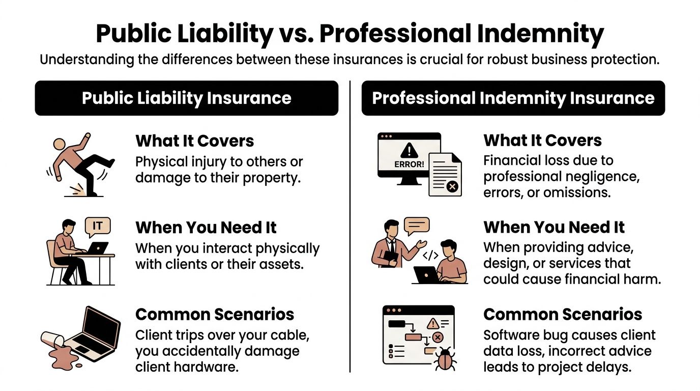 A comparison infographic explaining the differences between public liability insurance and professional indemnity insurance for IT contractors.