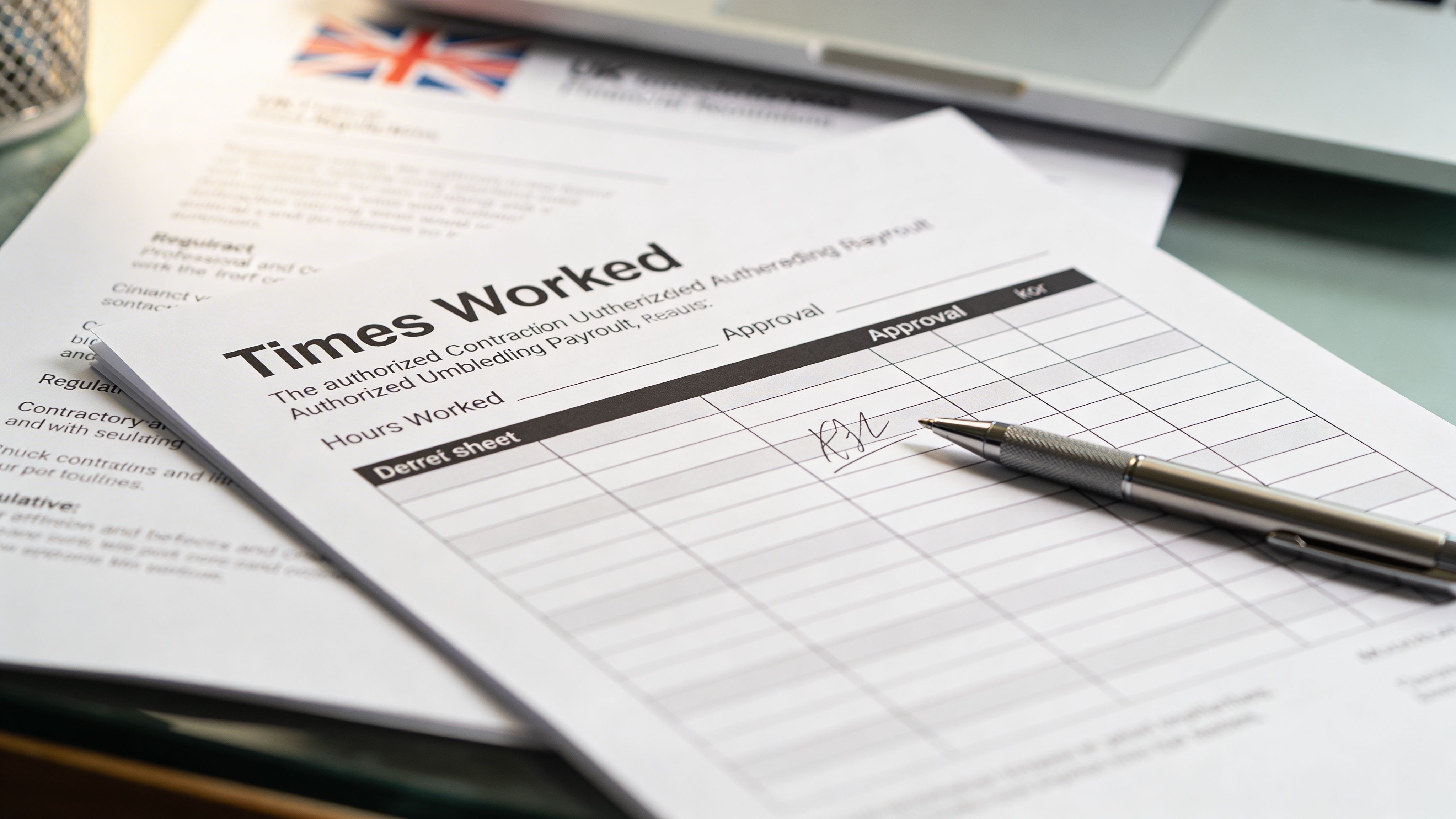 A pen lying on a timesheet document with a hand-written signature on a desk workspace.
