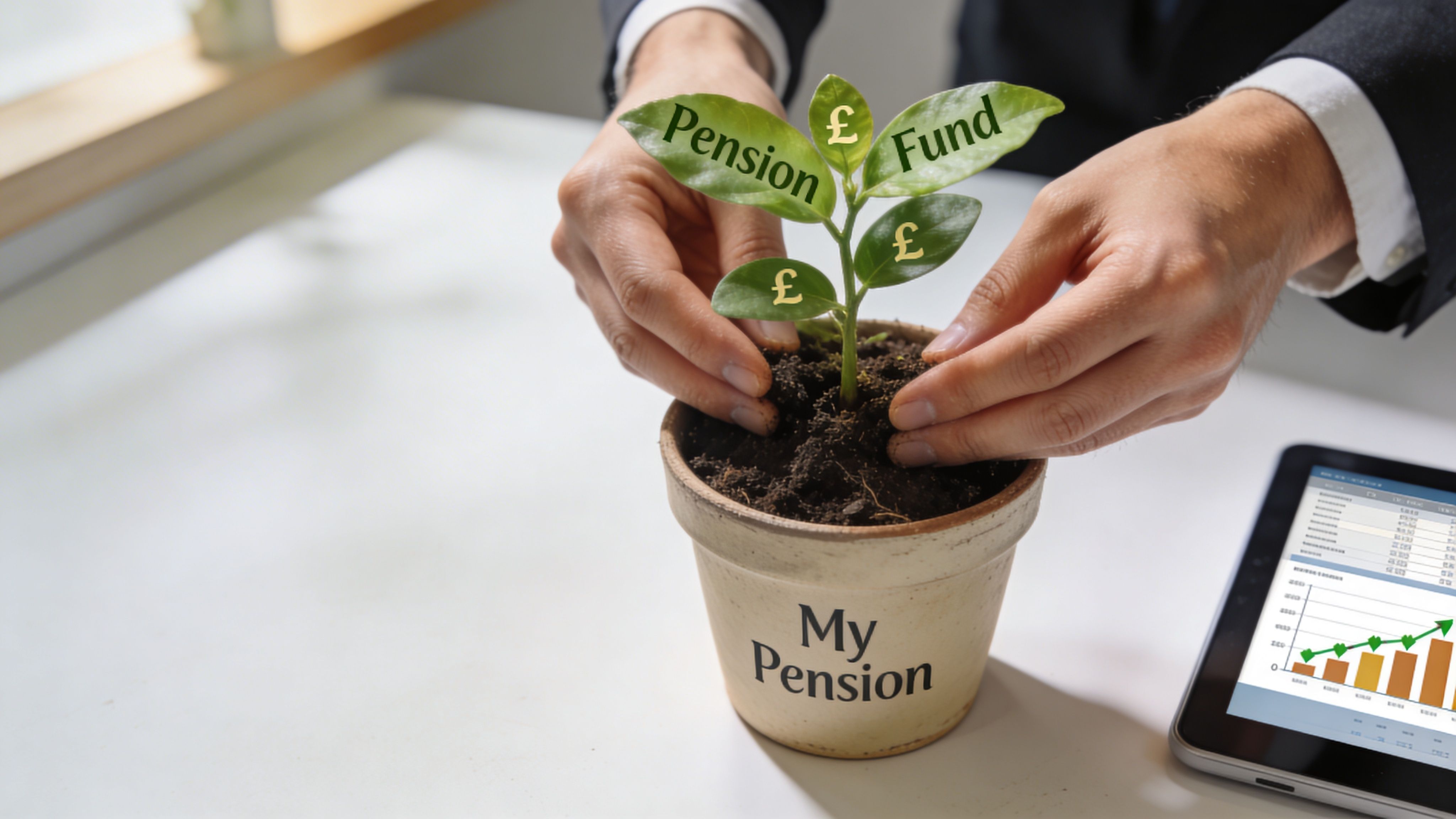 A person in a business suit caring for a small plant labeled Pension Fund in a pot.