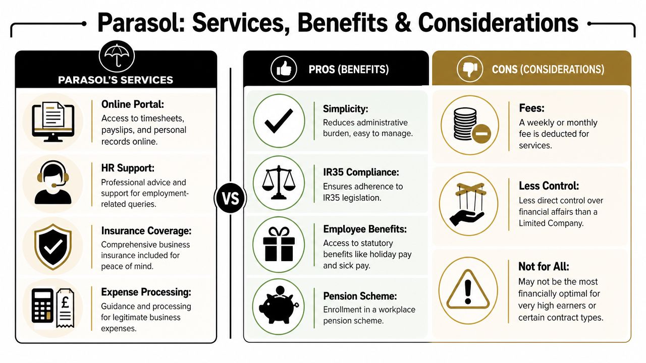A comparison infographic detailing the services, benefits, and considerations of using Parasol umbrella company services for contractors.