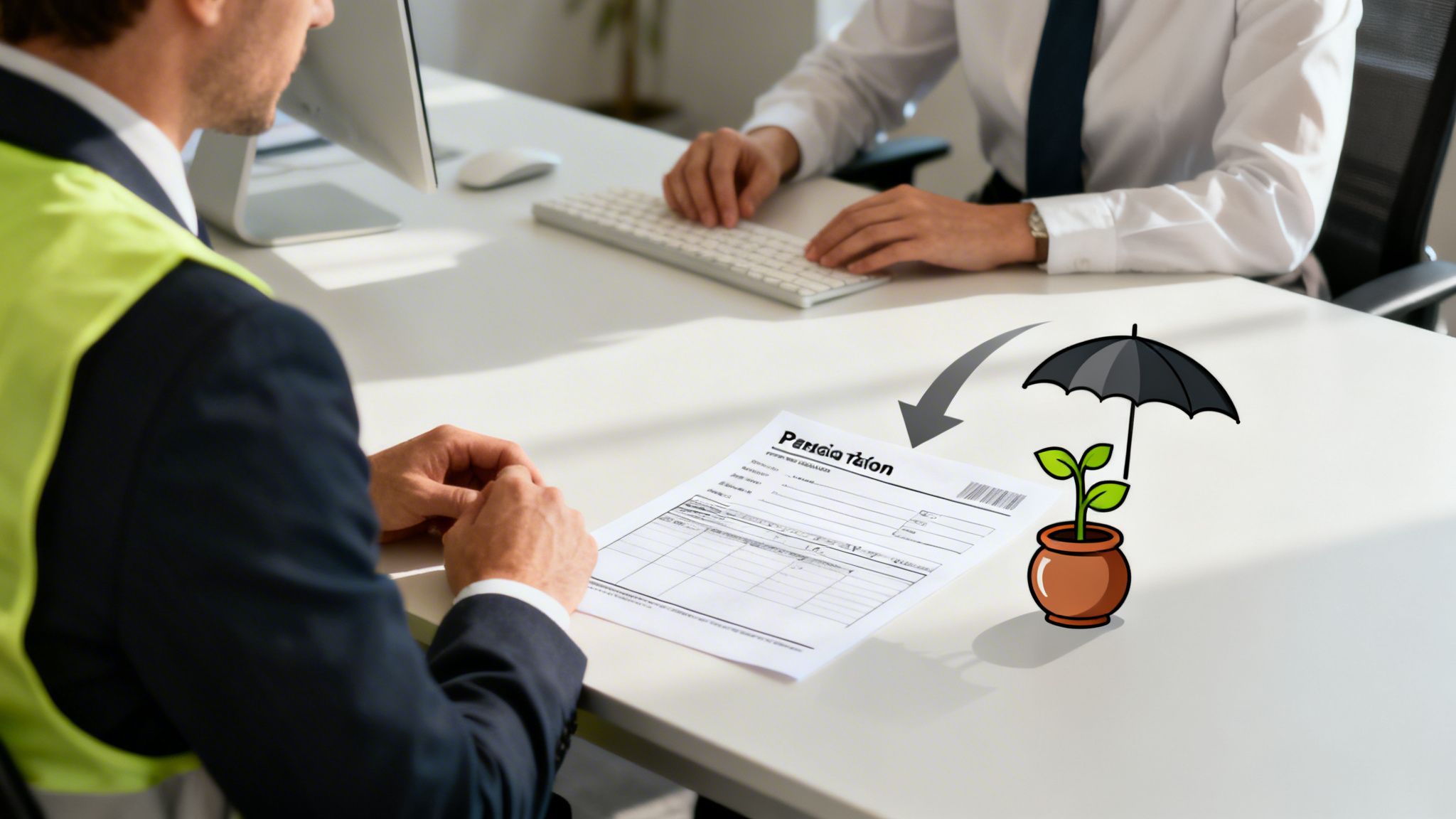Two men at a desk review a document, with an illustration of a plant under an umbrella symbolizing financial protection.