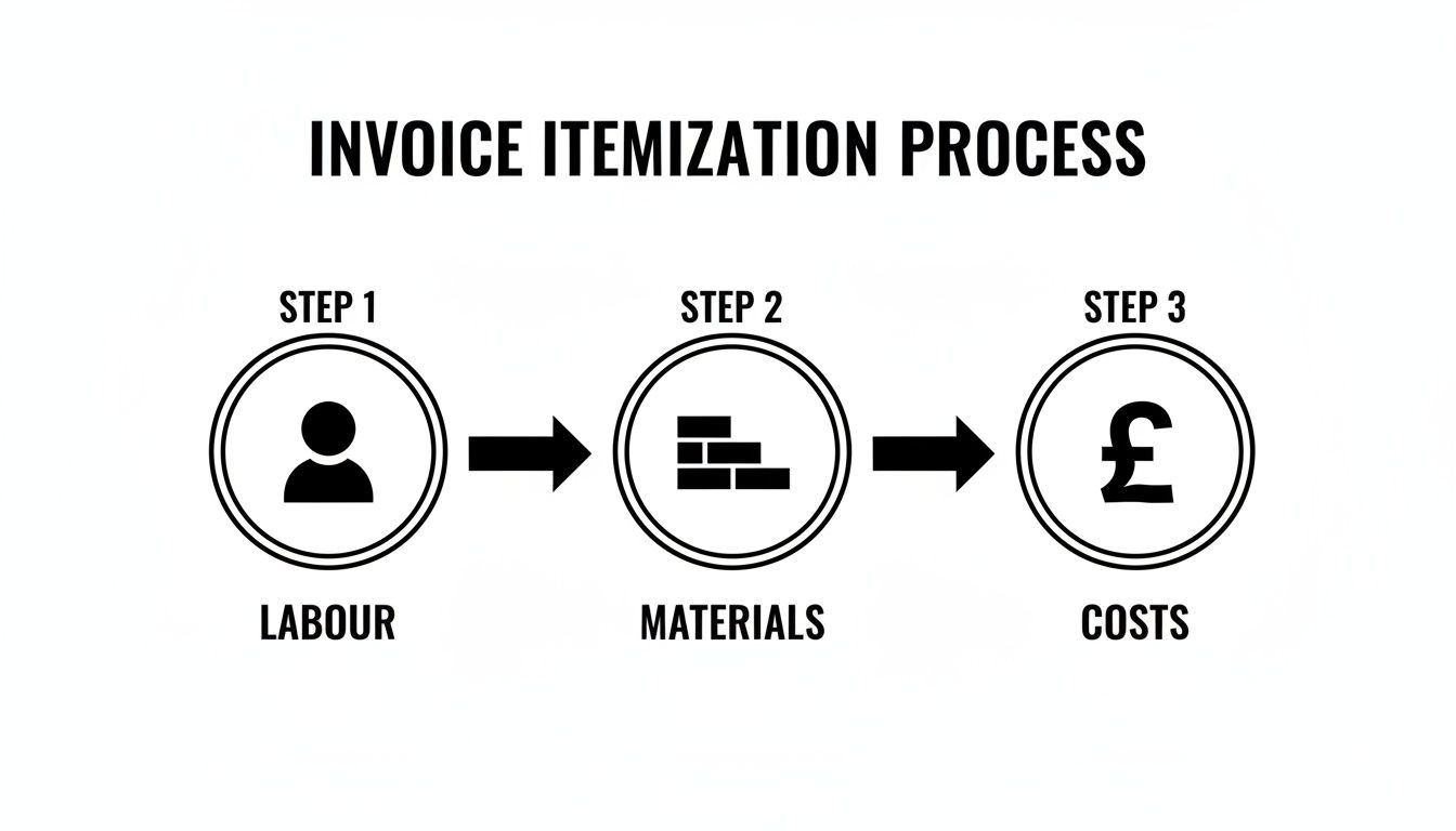 Diagram illustrating the invoice itemization process showing labour, materials, and costs as three sequential steps.