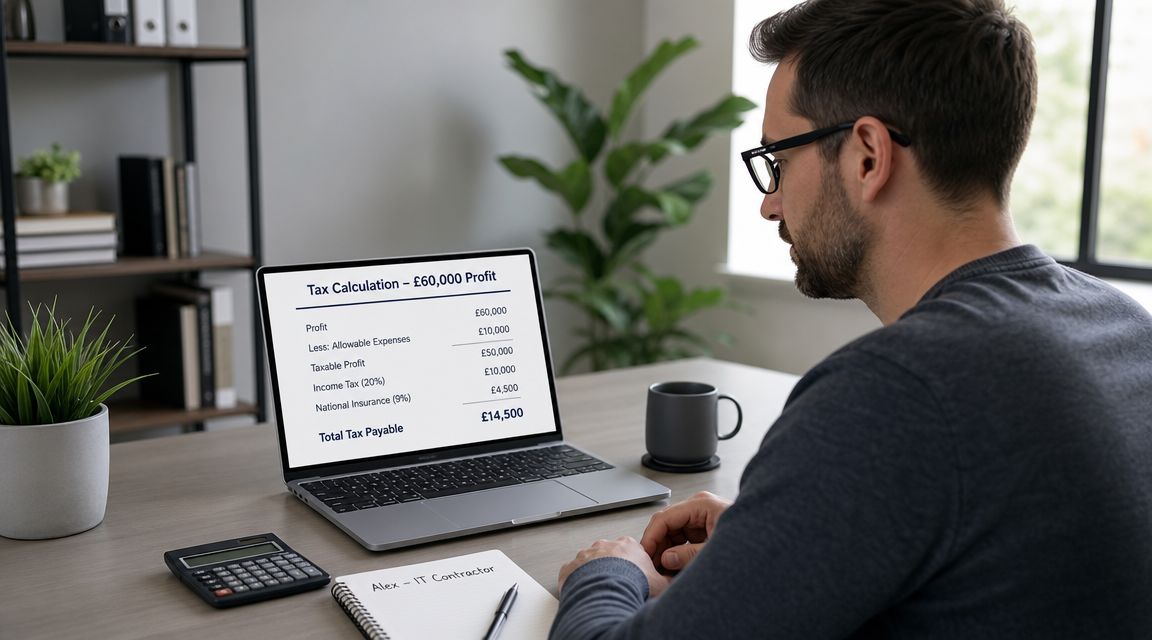 A man working on his laptop reviewing a digital tax calculation table for self-employed income.