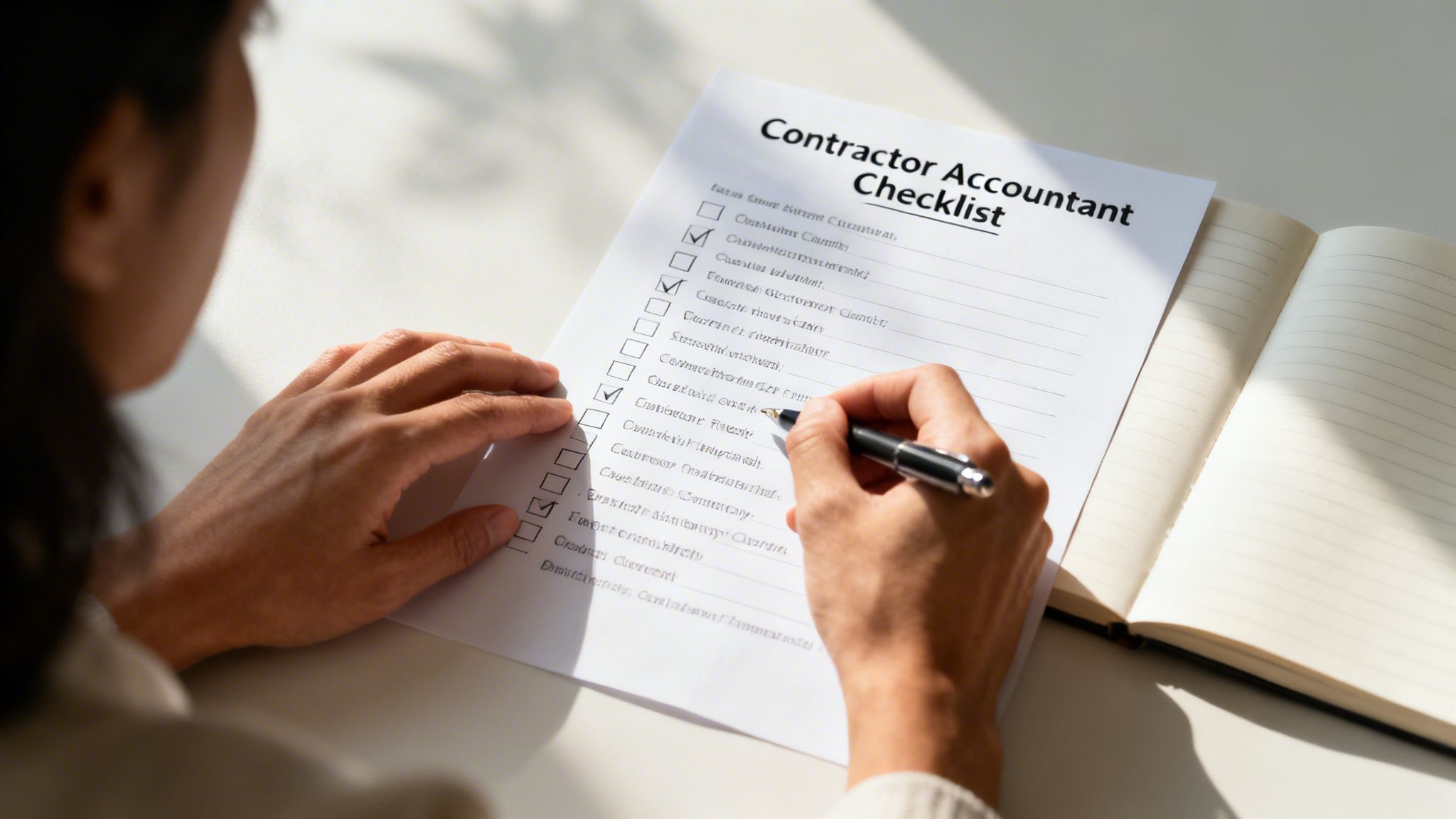 A person filling out a contractor accountant checklist document while sitting at a desk with a notebook.