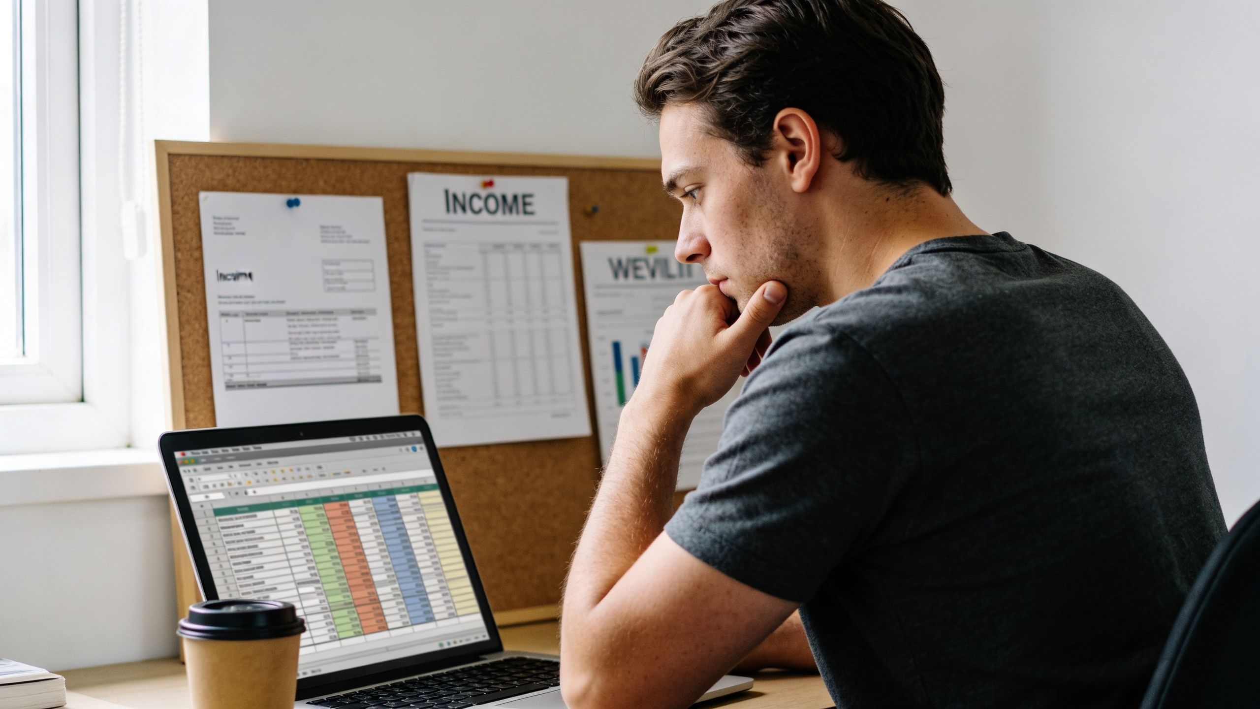 A young man sits at a desk thoughtfully reviewing financial spreadsheets on a laptop.