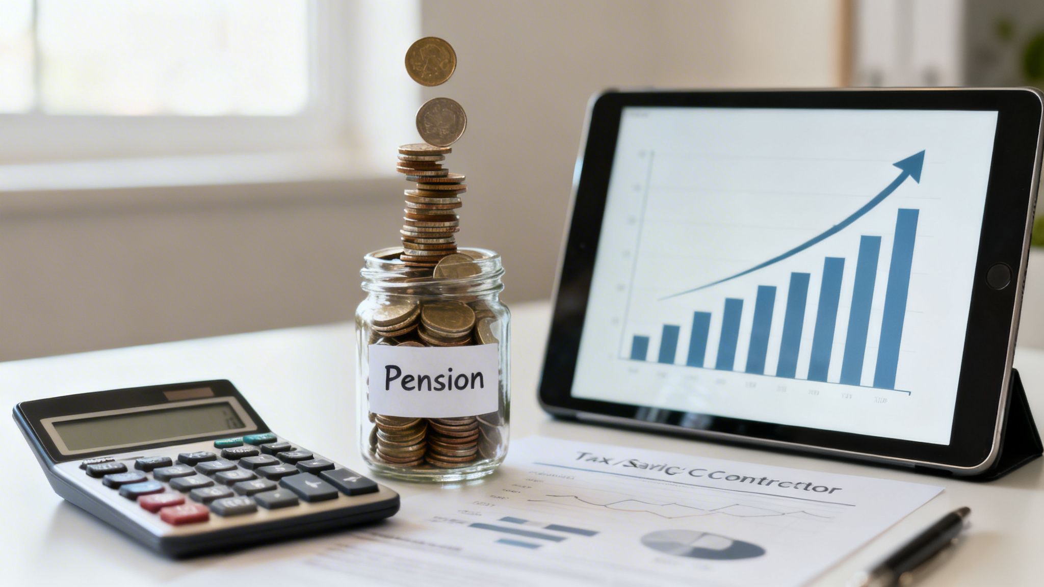 Coins falling into a pension jar, next to a calculator and a tablet showing growth charts.