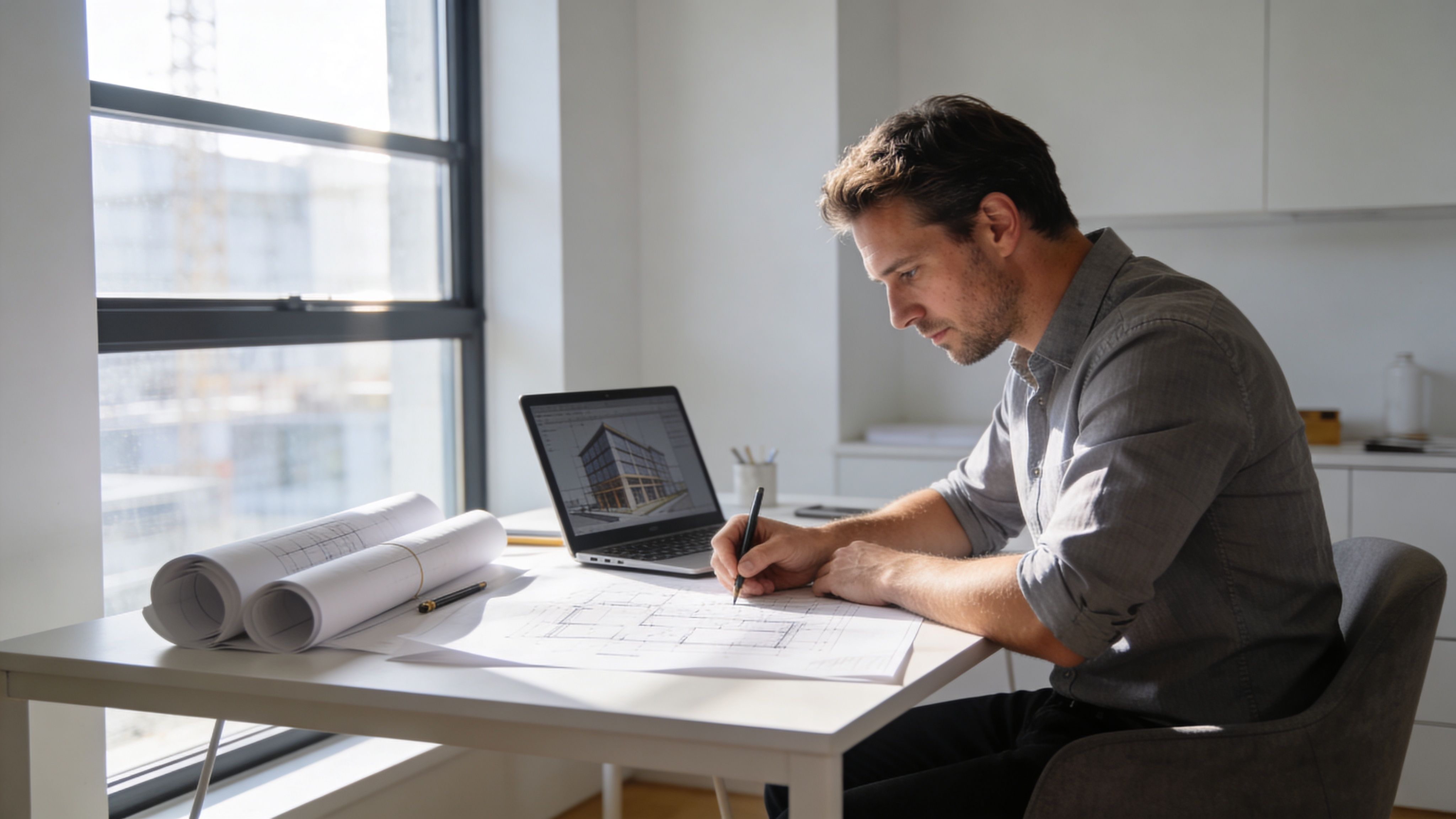 An architect carefully studying building blueprints while working on a laptop in a bright home office.