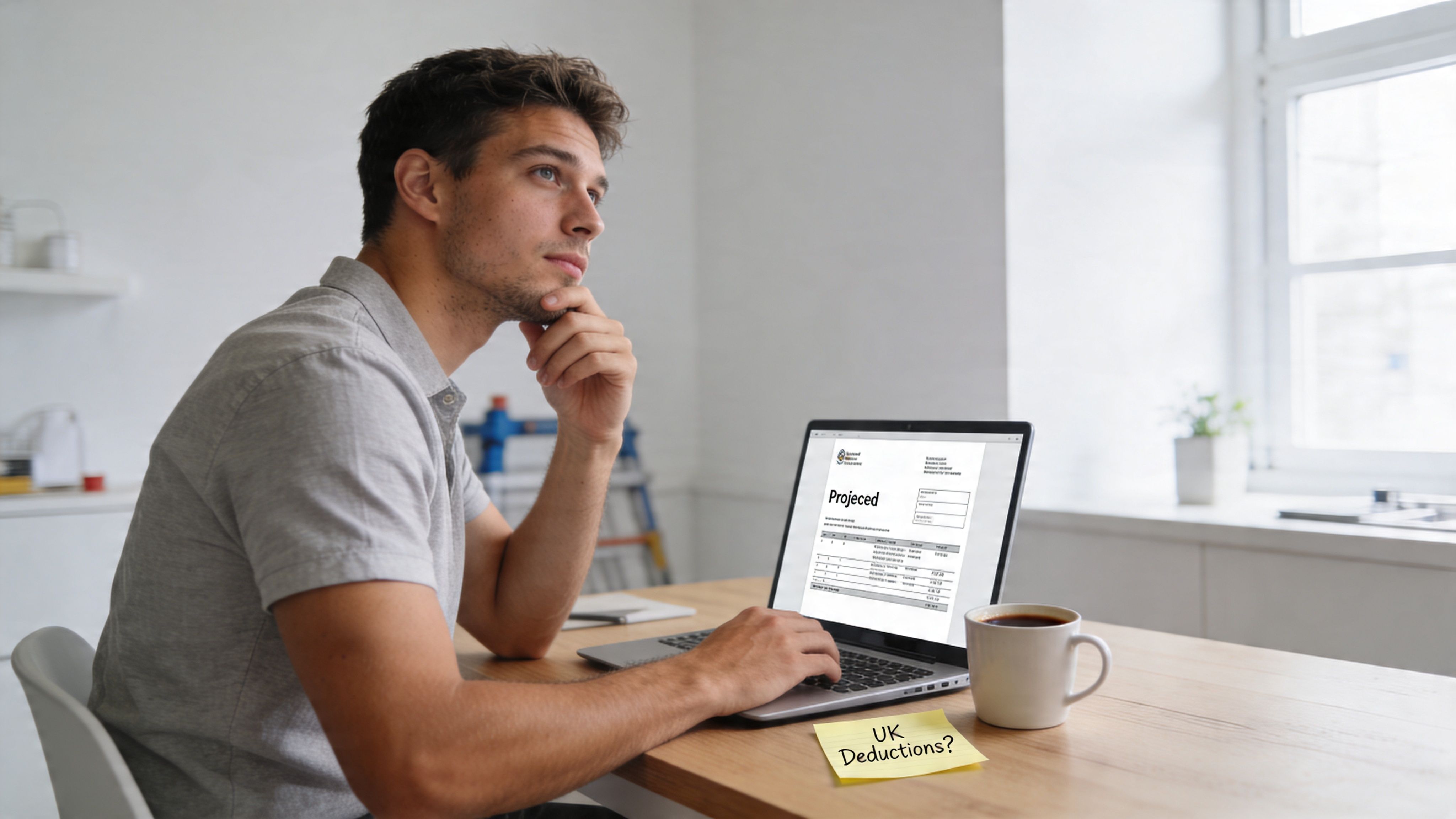 A young man sitting at a desk thinking while looking at a financial projected document on his laptop.