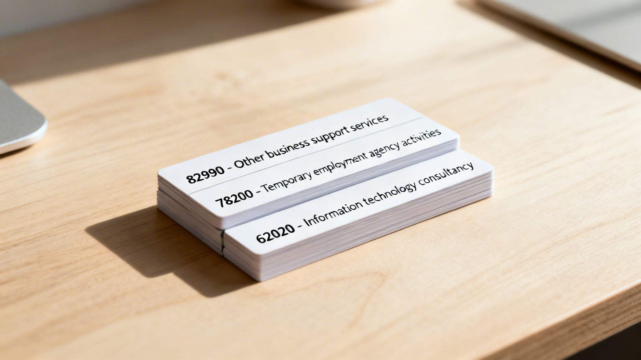 Stack of white cards with business service codes and descriptions on a wooden desk.