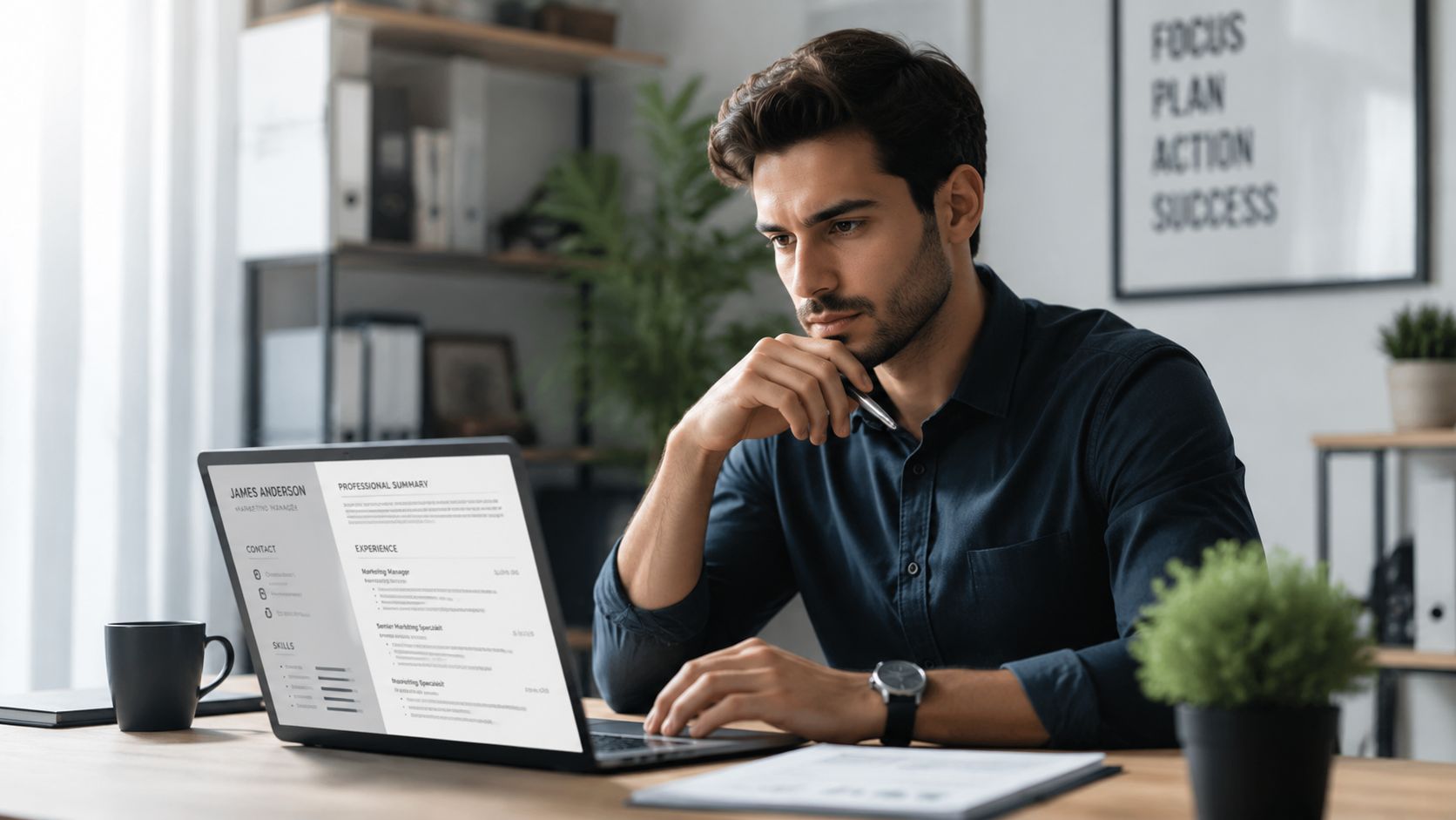 A professional man sitting at a desk reviewing a resume on his laptop in a modern office.