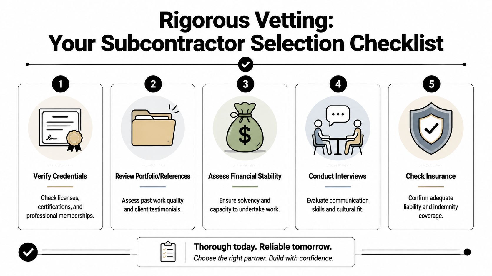 A five-step checklist for rigorous subcontractor vetting including credentials, portfolio, financial stability, interviews, and insurance verification.
