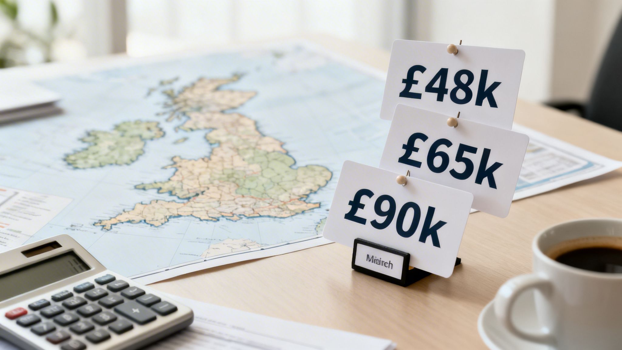 A desk with a UK map, calculator, and cards showing £48k, £65k, and £90k for salary analysis.