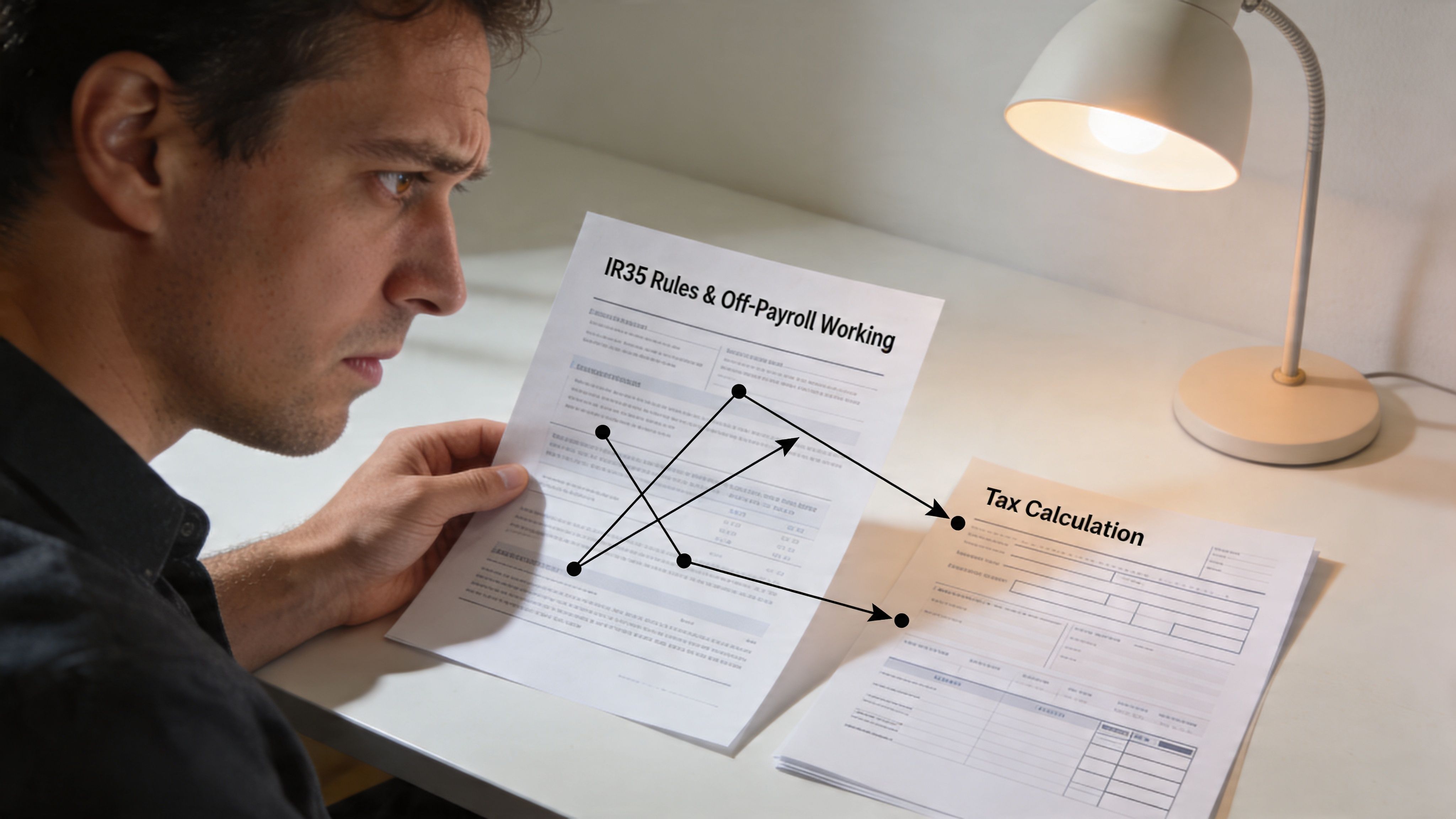 A focused man studying documentations about IR35 tax regulations and off-payroll working calculations at a desk.