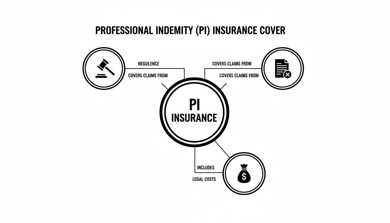 A diagram illustrating Professional Indemnity (PI) insurance cover, showing it covers negligence, legal costs, and document errors.
