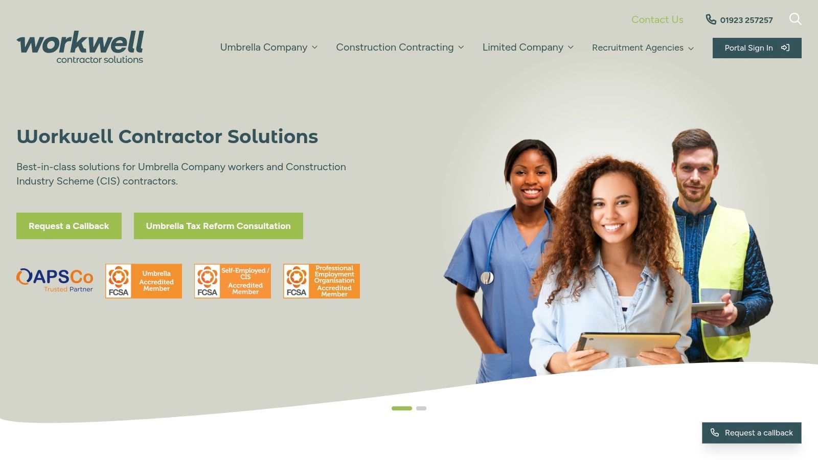 Workwell Umbrella (Workwell Contractor Solutions) website showing industry professionals