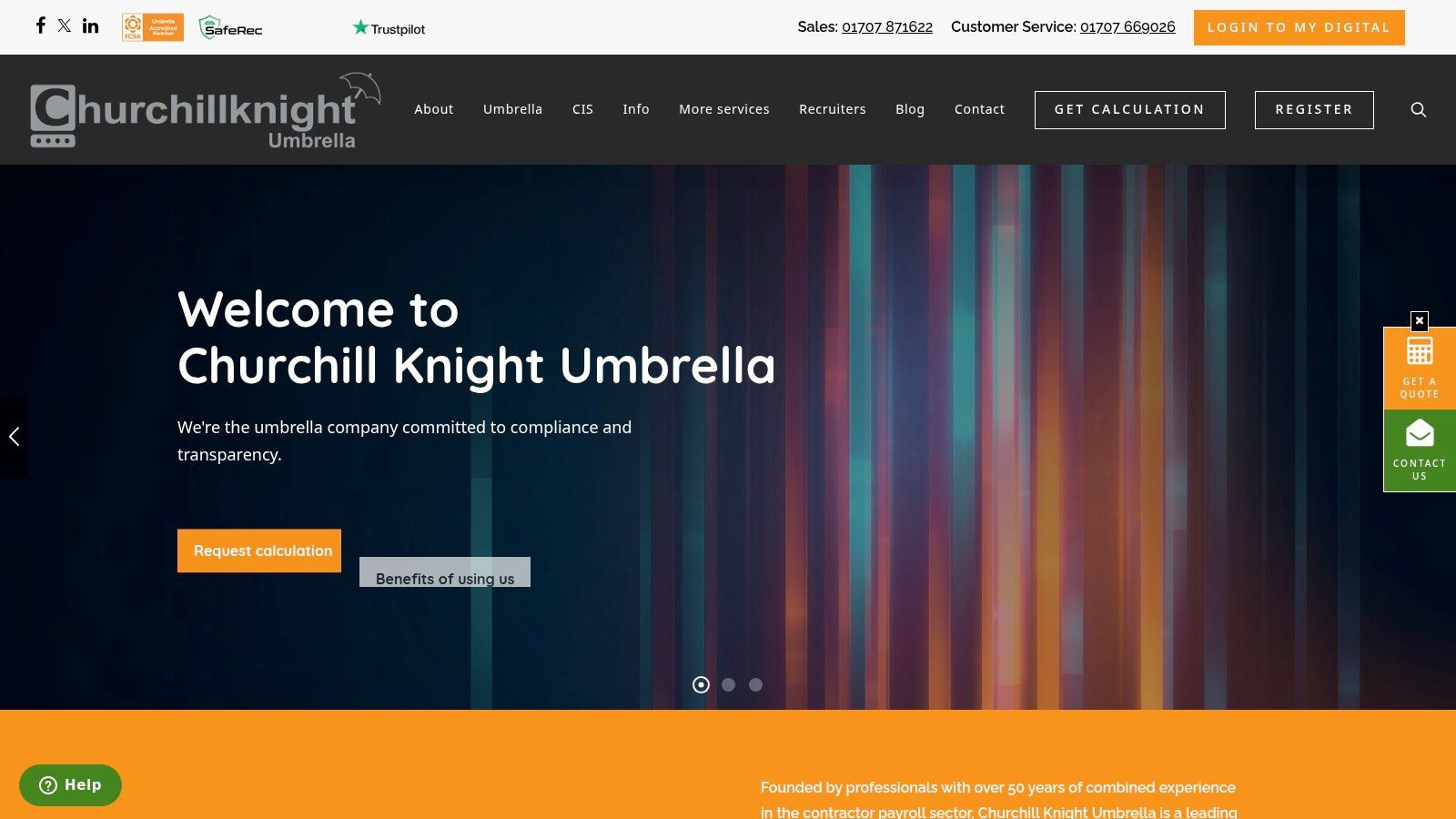 The homepage of the Churchill Knight Umbrella website, showing its focus on compliance and providing resources for contractors.