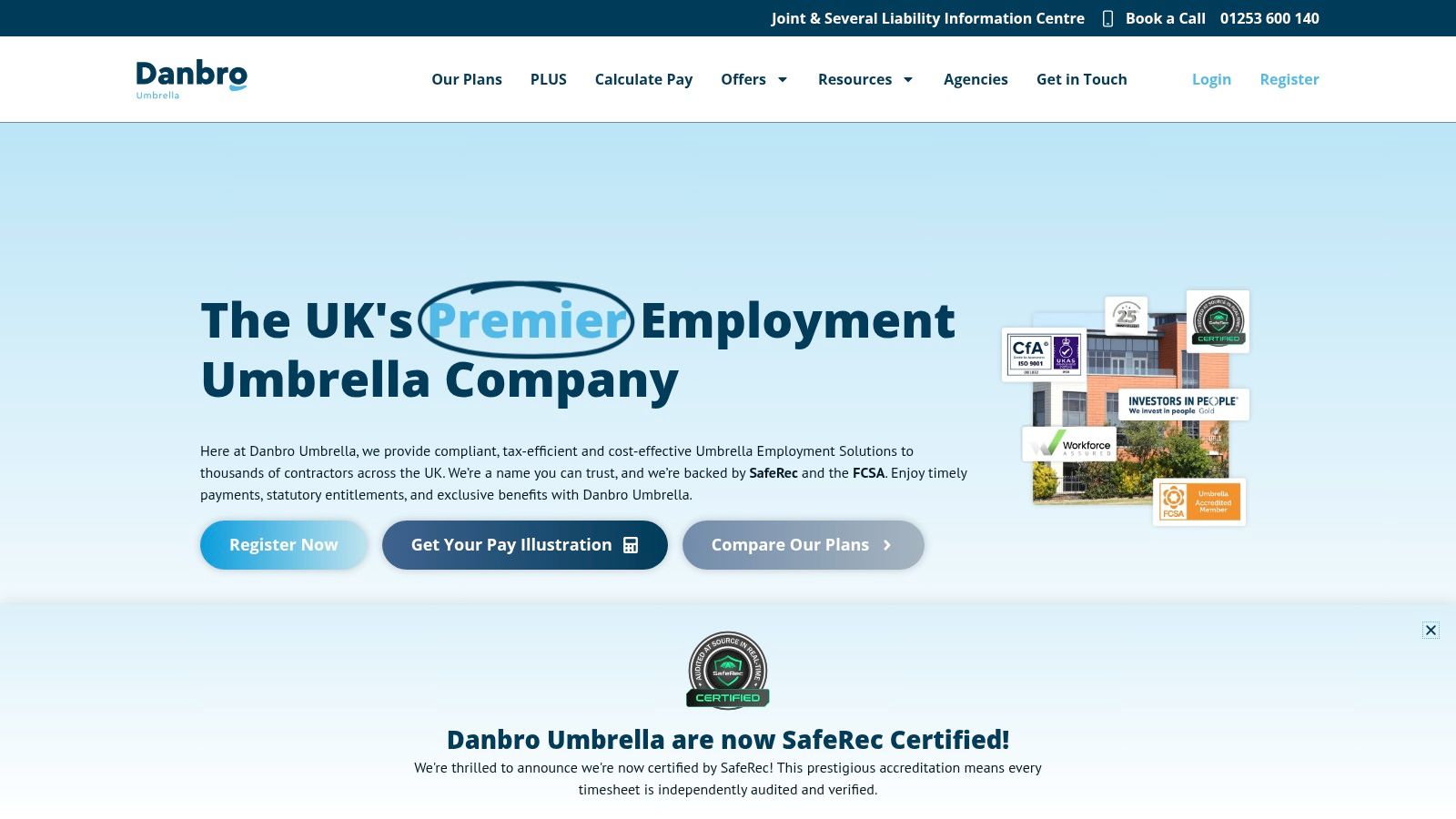 Danbro Umbrella's homepage, showcasing its services for contractors and agencies.