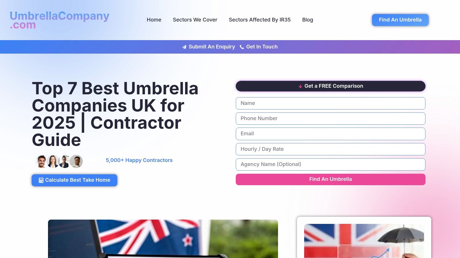 A screenshot of the 'Top 7 Best Umbrella Companies UK for 2025' guide, showing a clean layout with options to filter and compare providers.