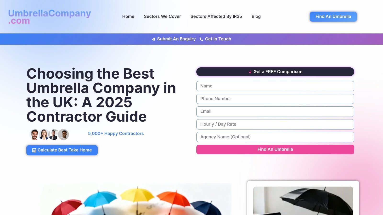 A screenshot of the 'Best Umbrella Company in the UK' guide landing page, showing its clear layout and filter options.