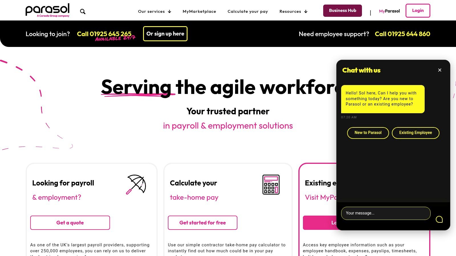 Parasol website homepage showing its PAYE payroll services for UK contractors